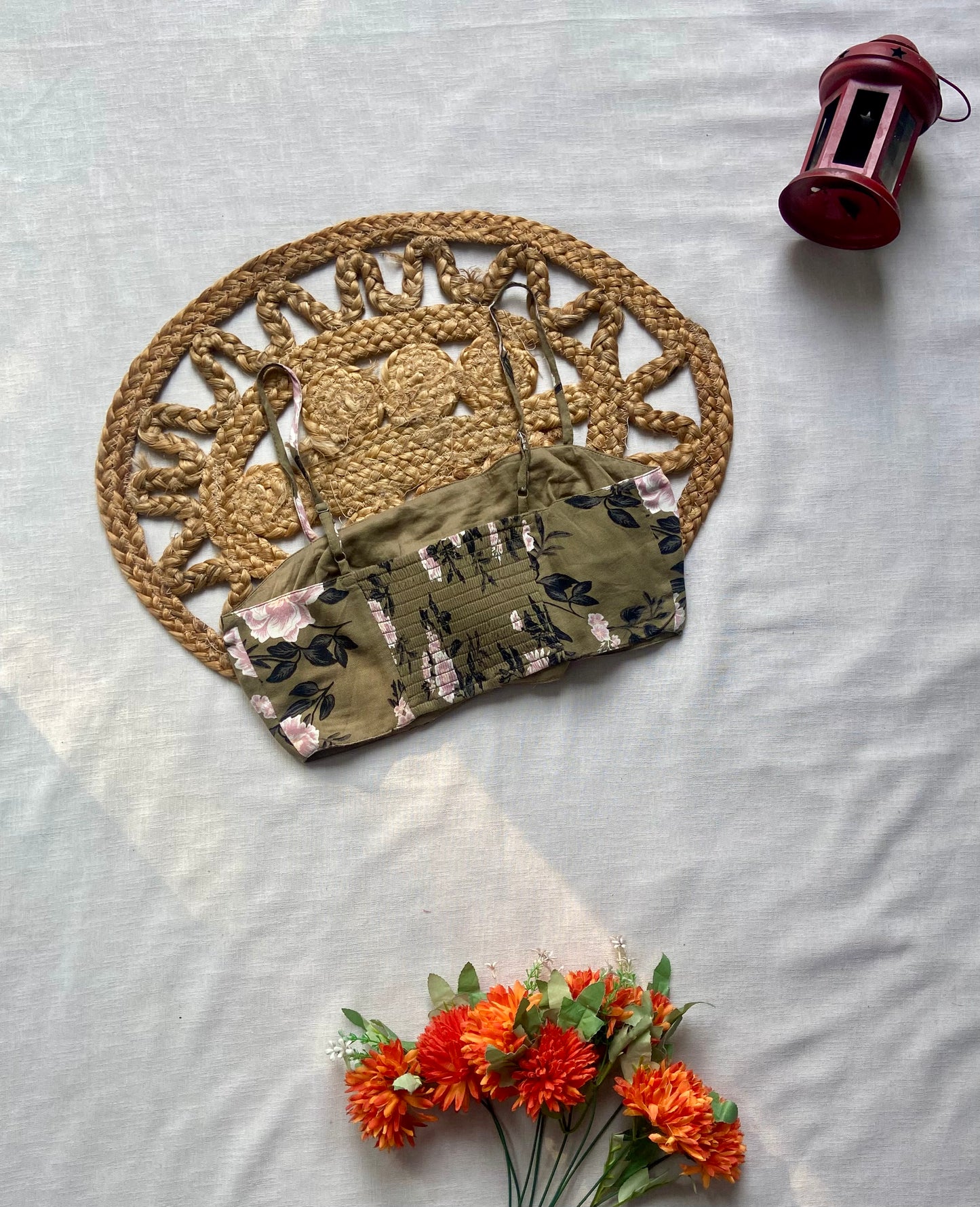 Olive Green Floral Knot Crop Top – Stylish Summer Wear