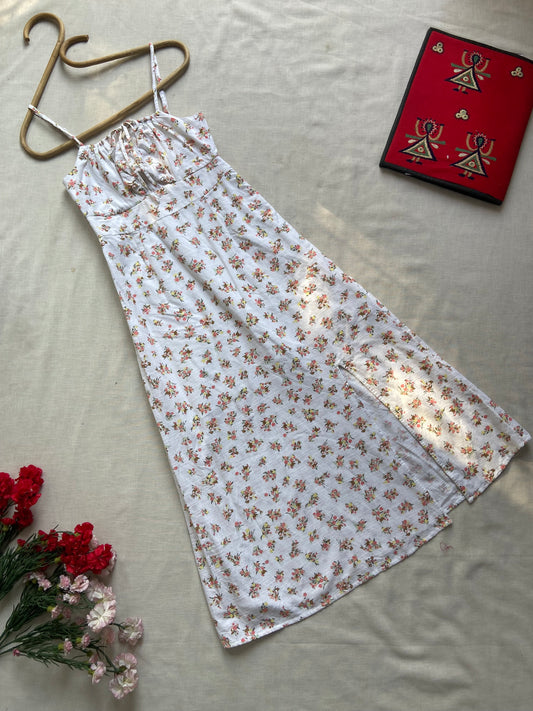 White Floral Print Spaghetti Strap Dress