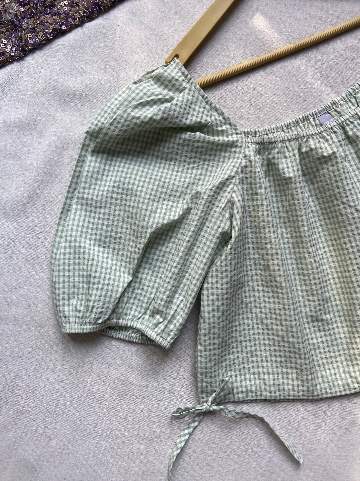 Gingham Puff Sleeve Crop Top – Mint Green