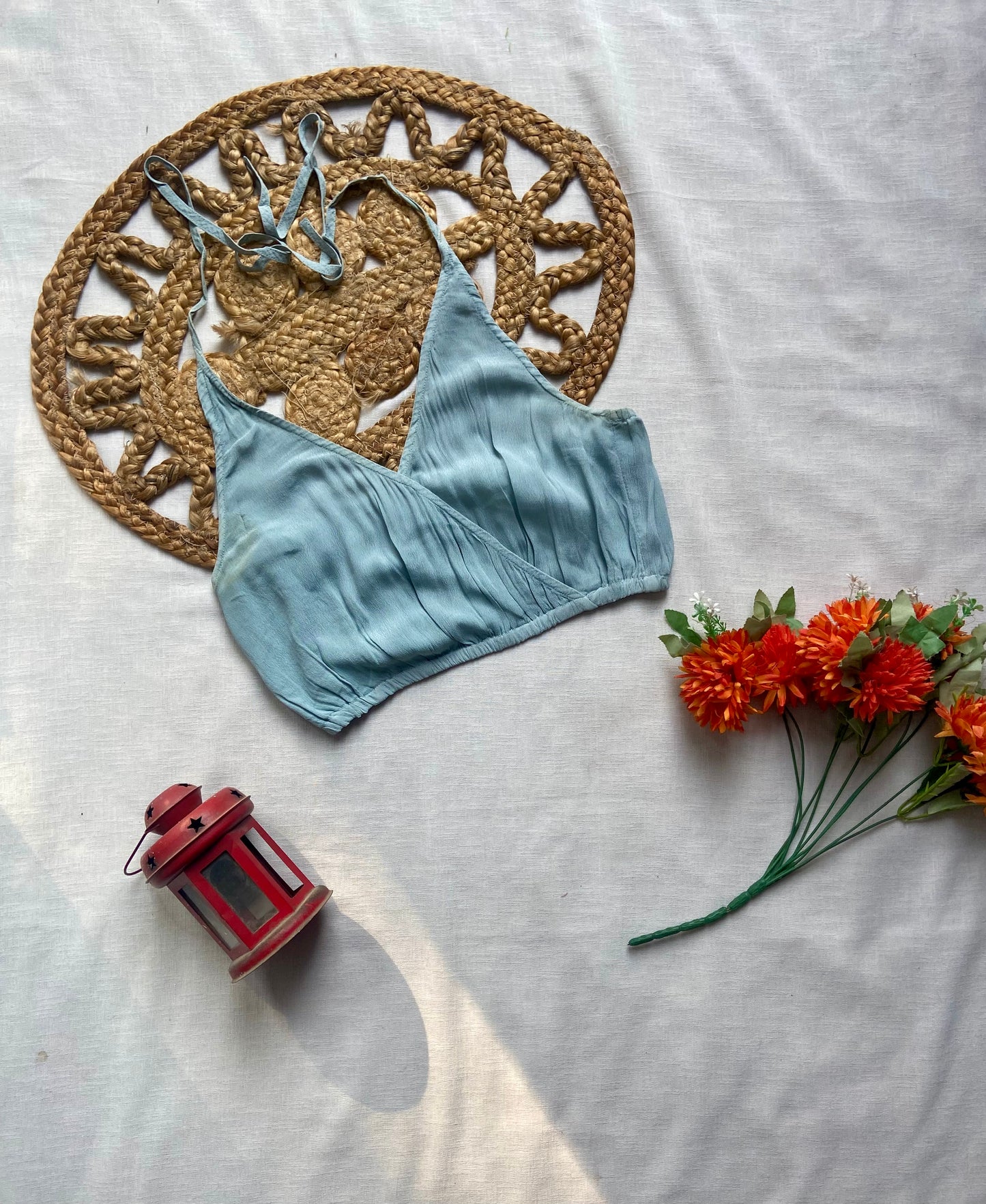 Women's Light Blue V-Neck Sleeveless Crop Top