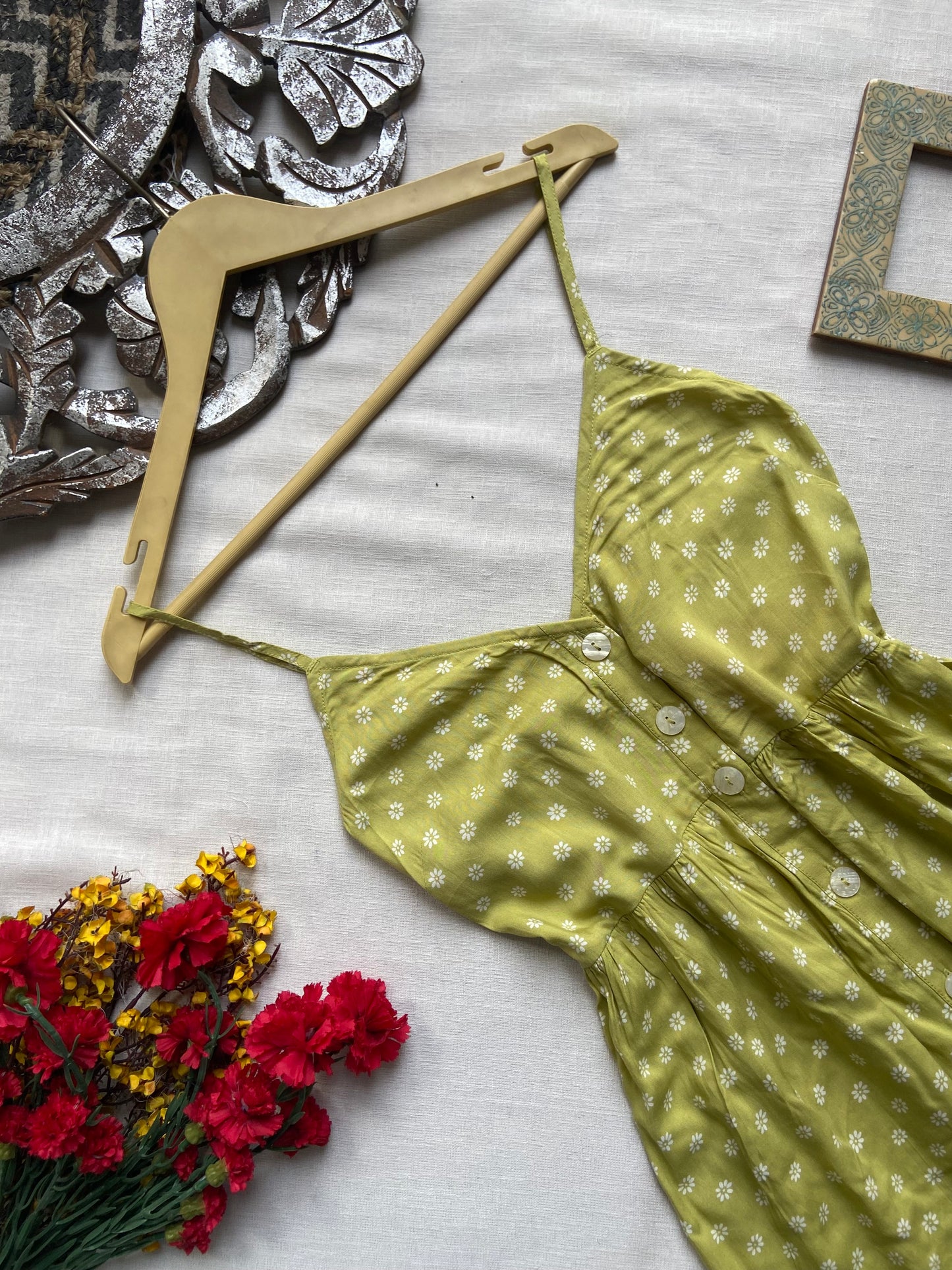 Green Printed Button Down Midi Dress