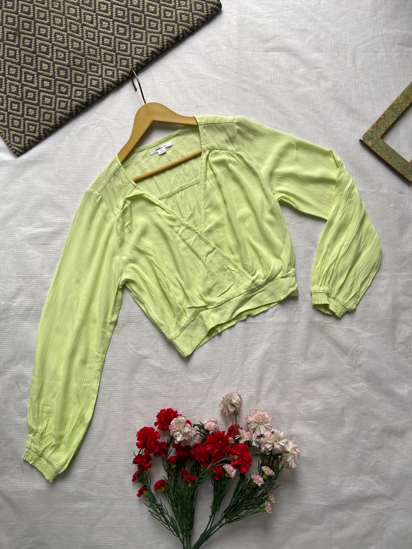 Lime Green Wrap Front Long Sleeve Crop Top