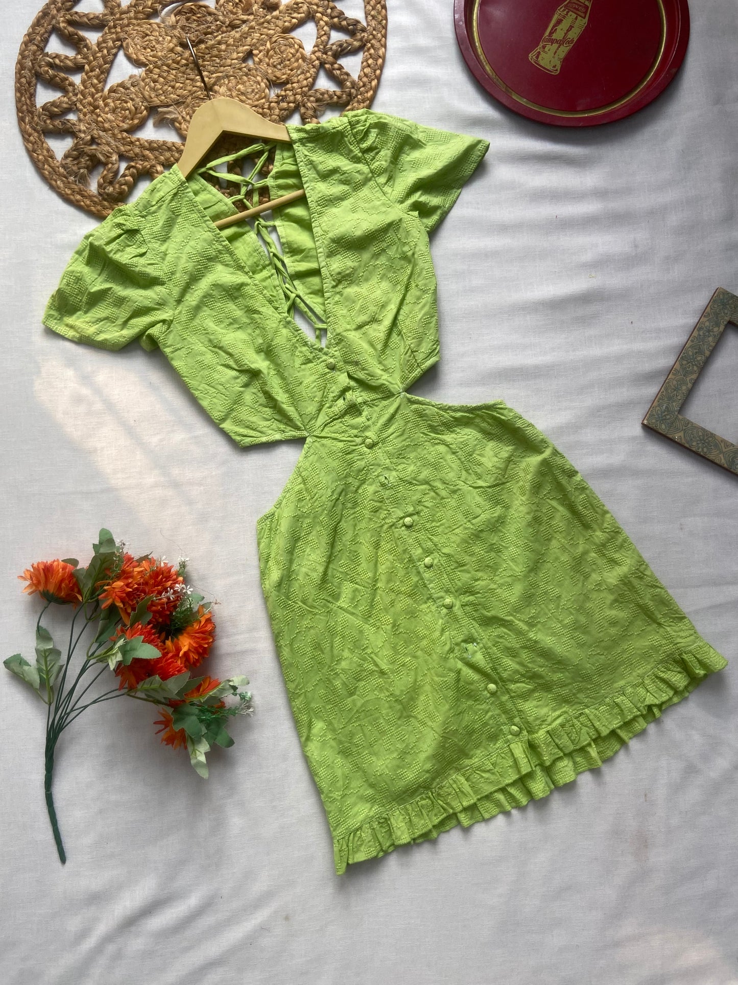 Women’s Lime Green Cut-Out Front Buttoned Dress with Ruffle Hem