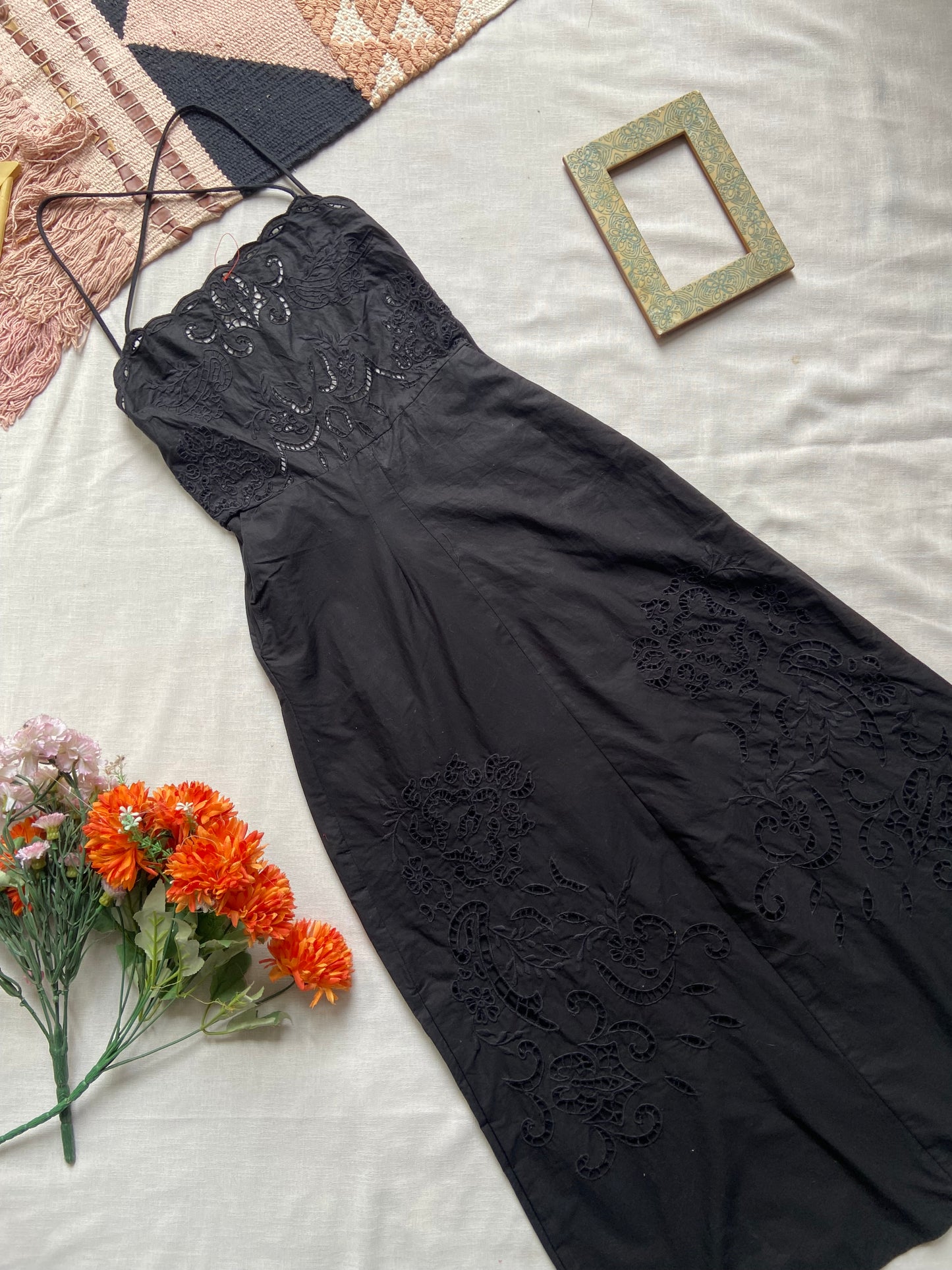 Elegant Black Embroidered Spaghetti Strap Dress