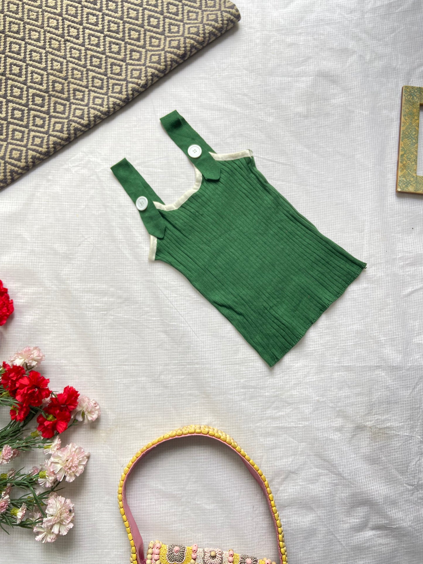 Green Ribbed Knit Tank Top with Button Straps