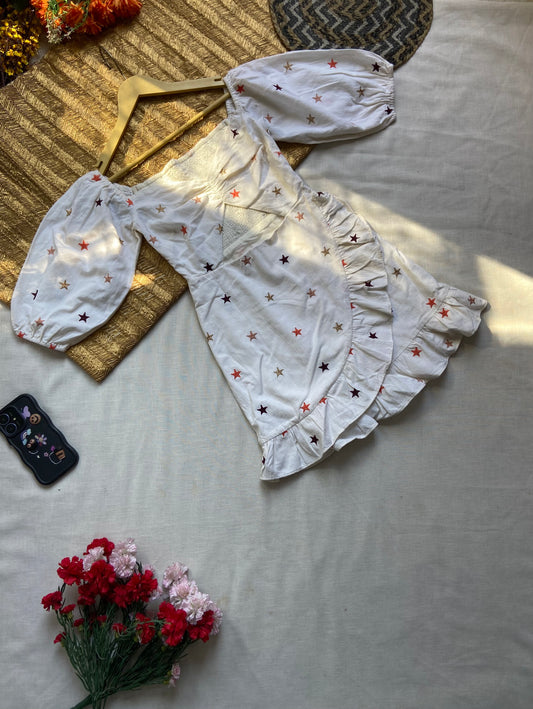 White Puff Sleeve Dress with Star Embroidery