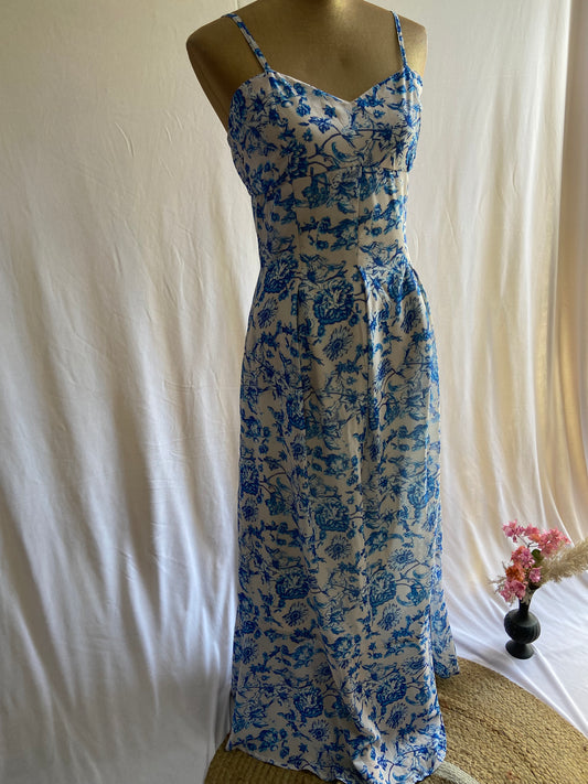 Elegant Blue Floral Print Spaghetti Strap Maxi Dress