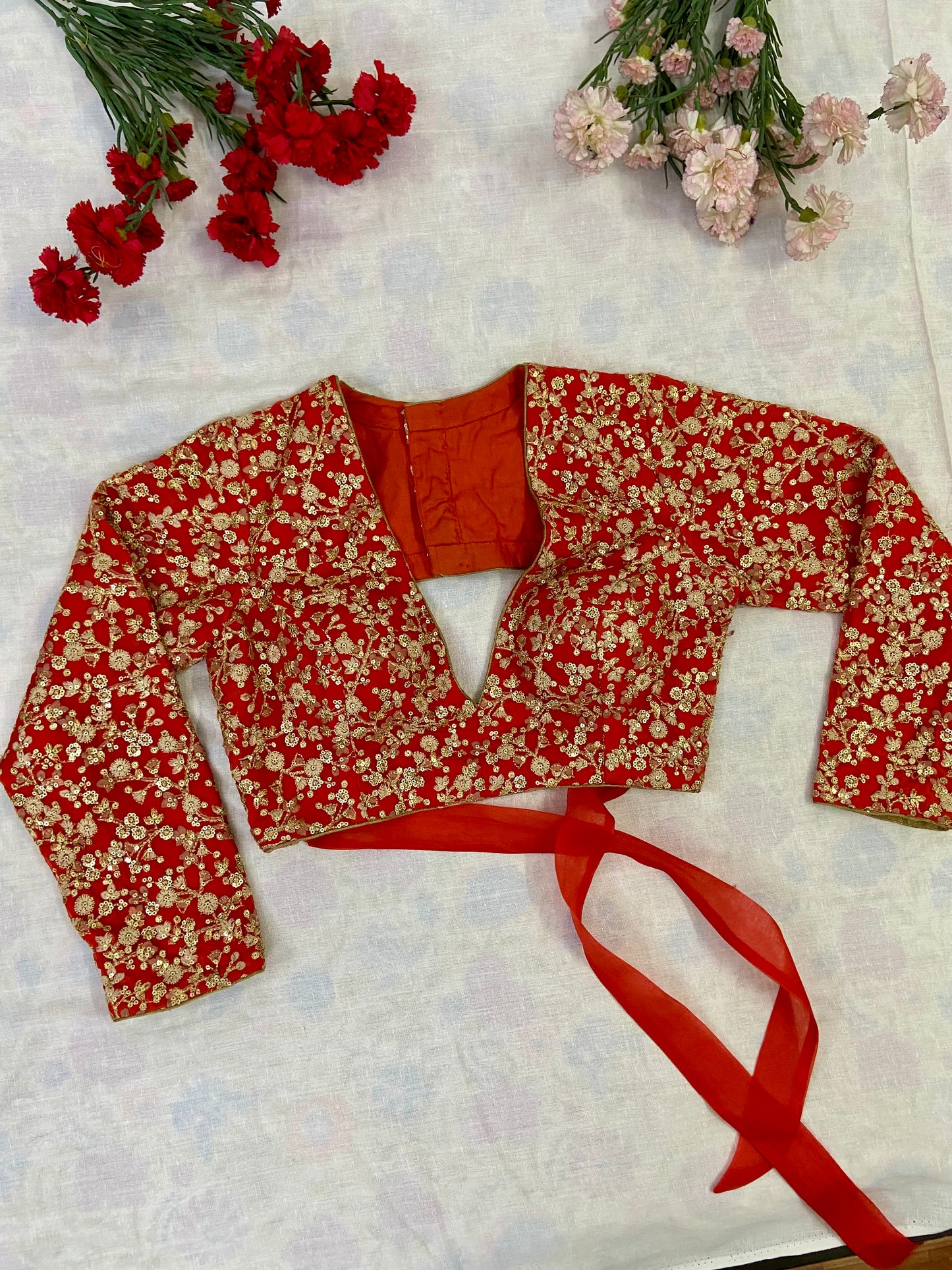 V neck semi backless full sleeve blouse