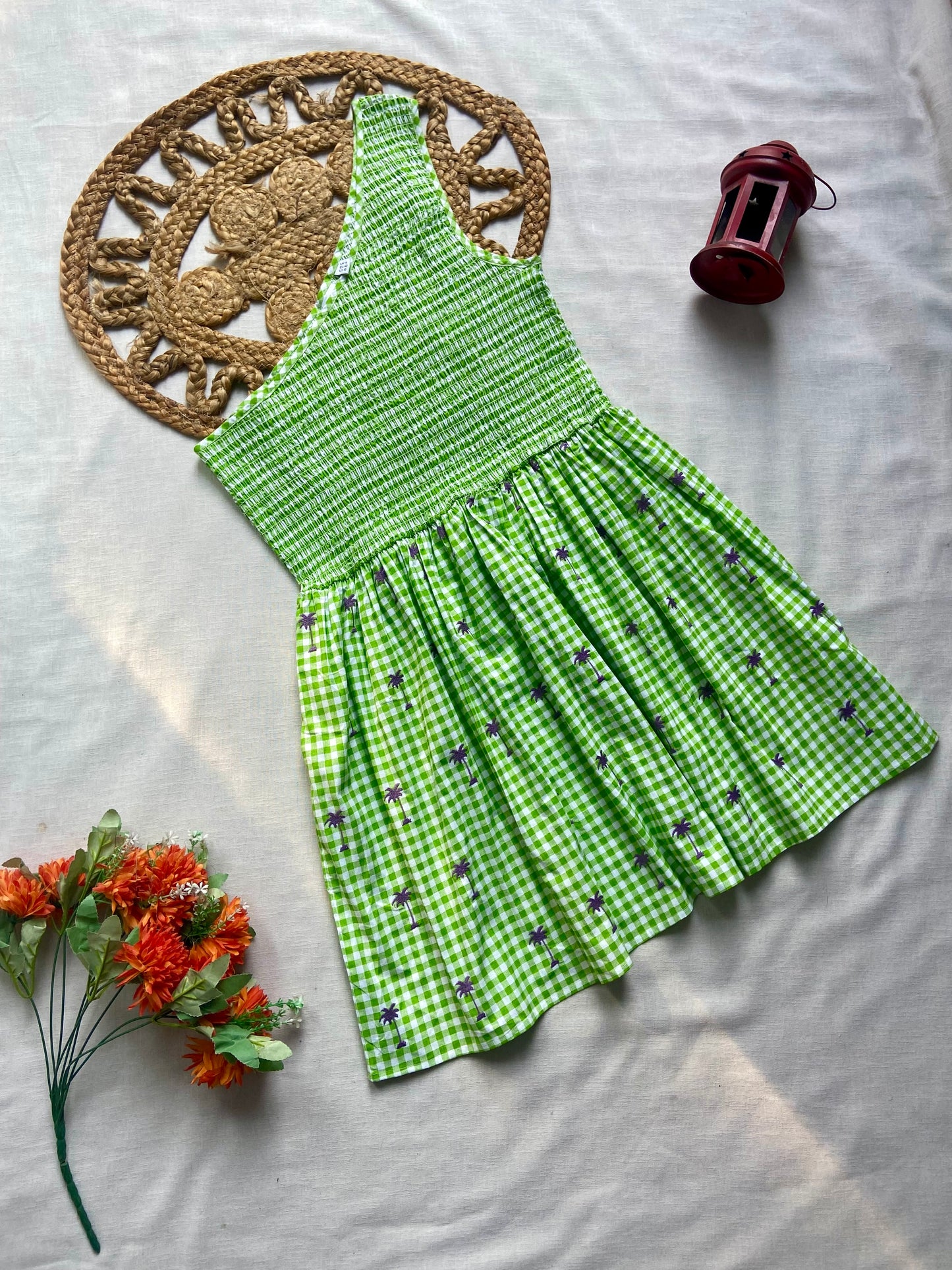 Girls Green One Shoulder Gingham Dress with Floral Print