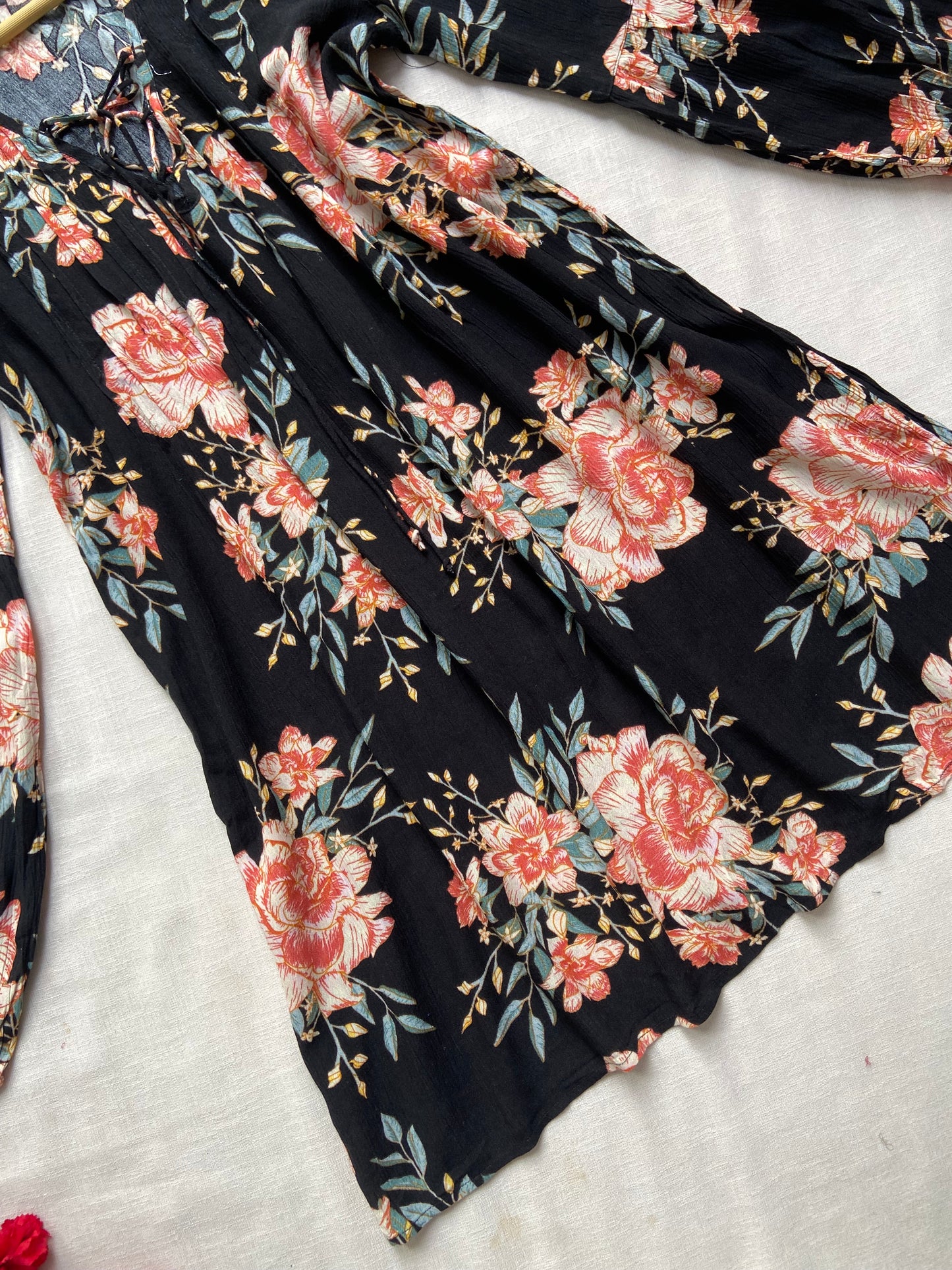 Floral Print Black A-Line Dress with Long Sleeves