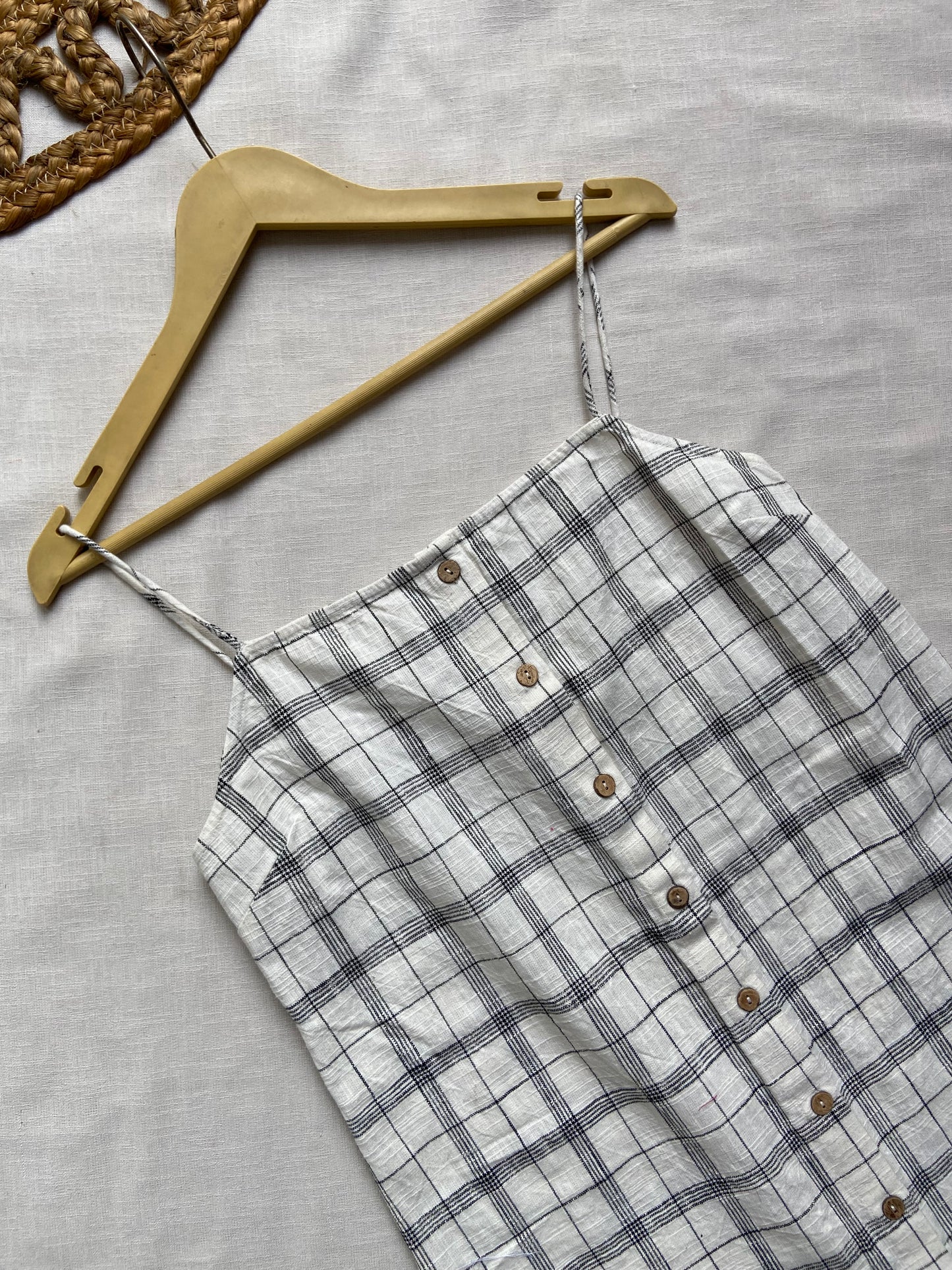 White Check Print Button Down Mini Dress