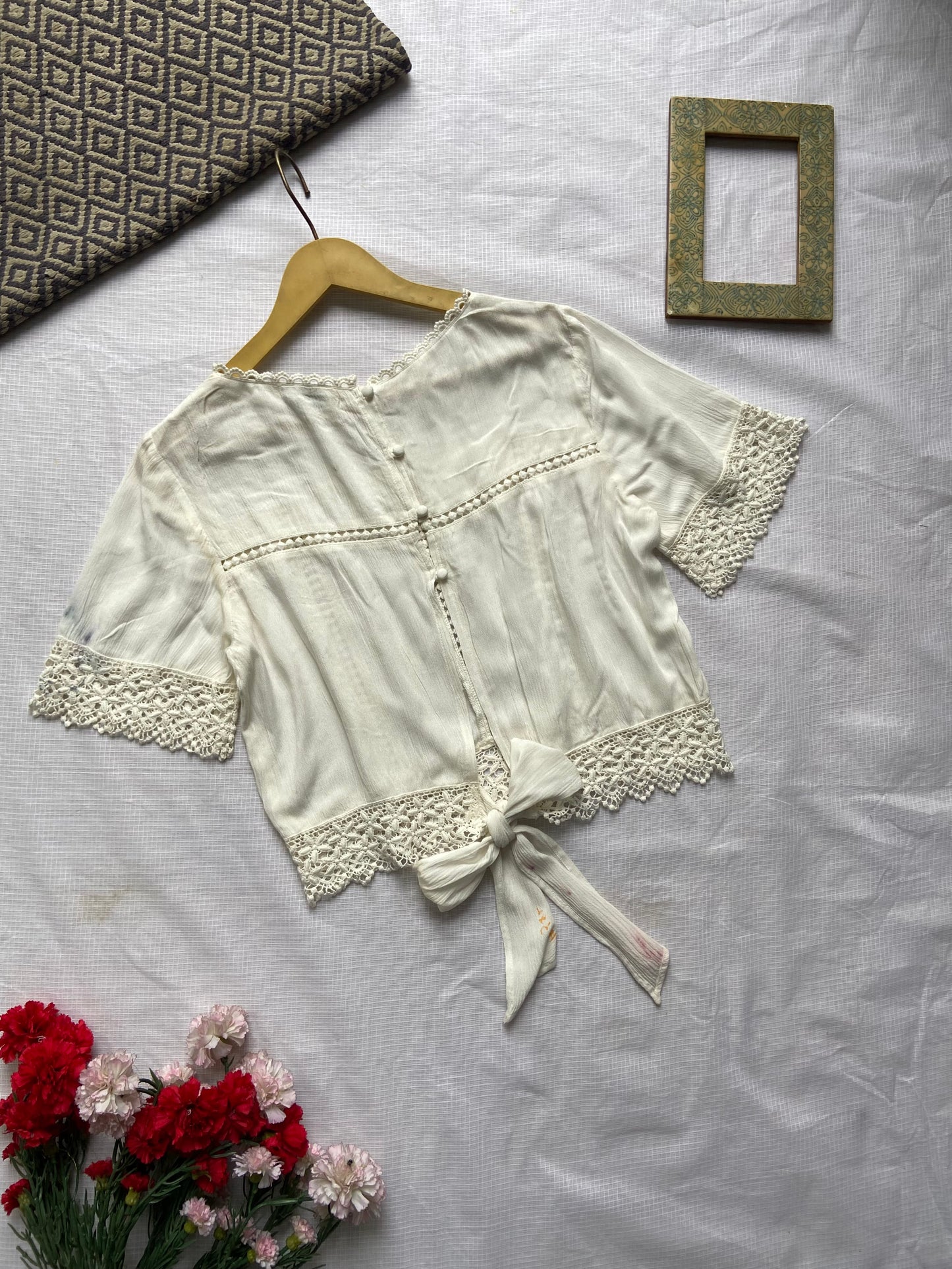 Ivory Boho Lace Trim Crop Top with Tie-Back