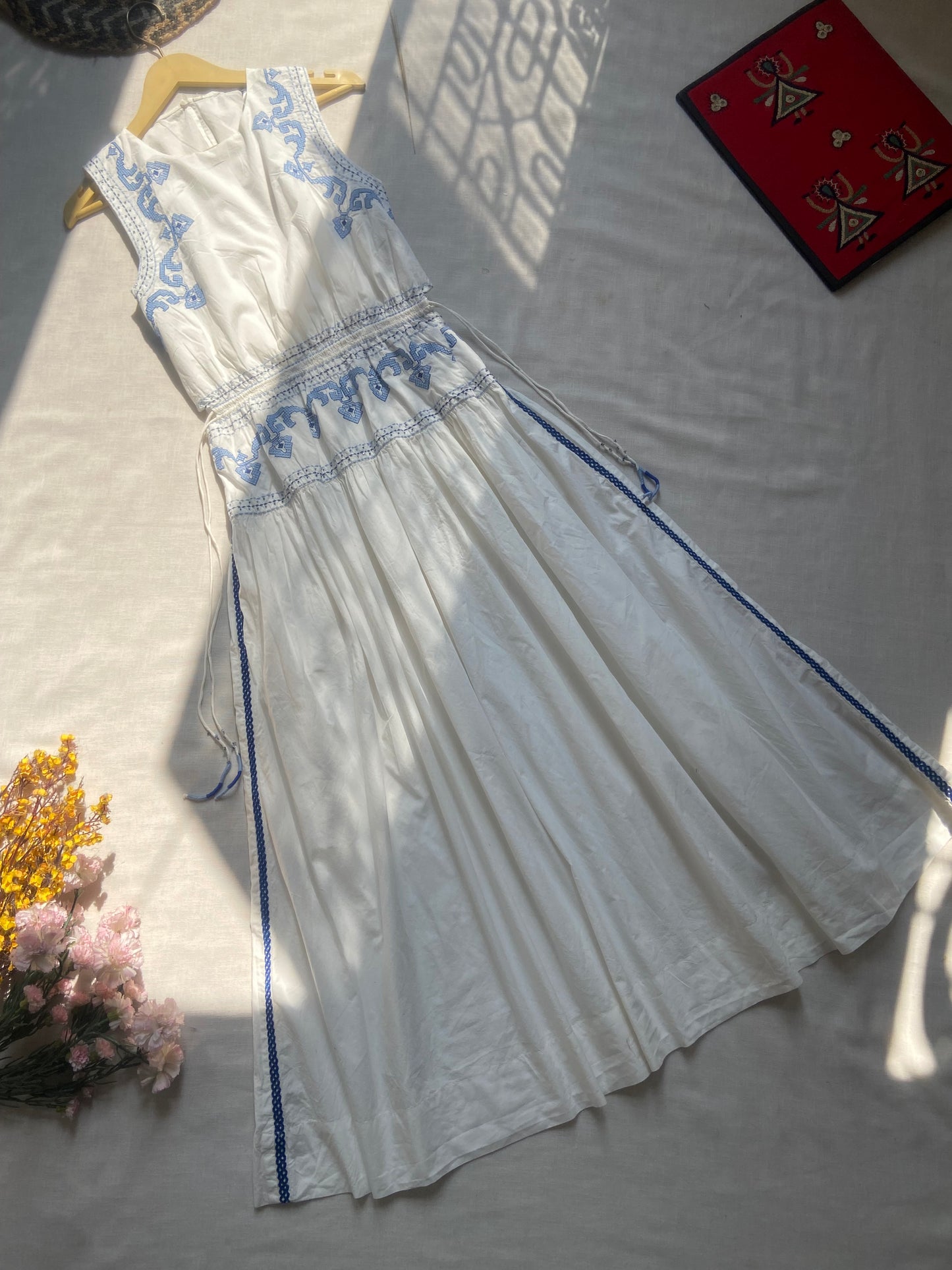 Elegant White Maxi Dress with Blue Embroidery
