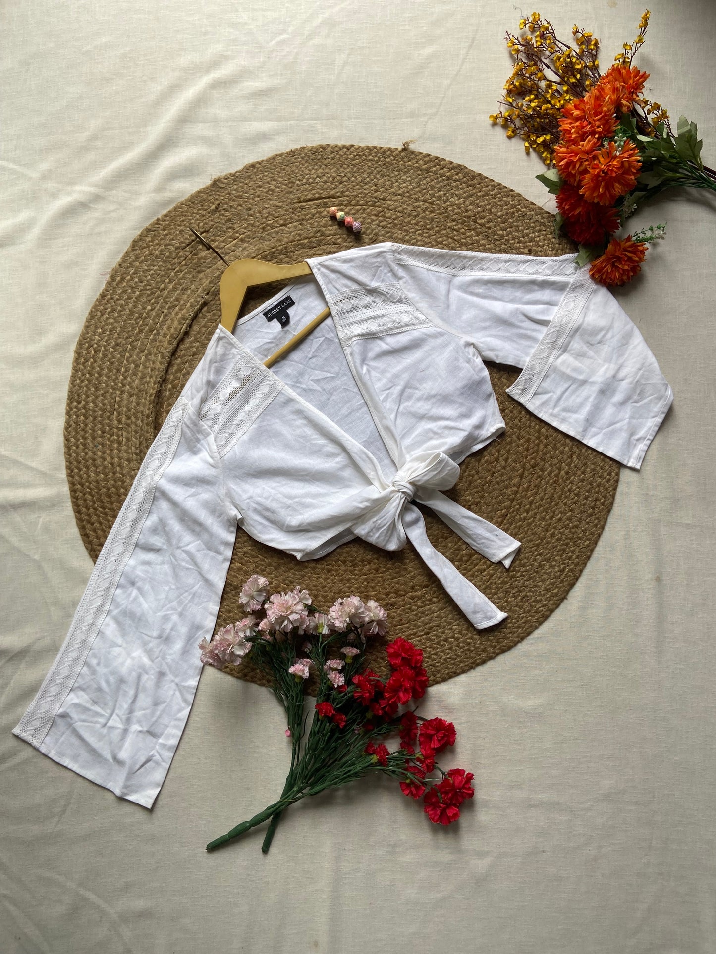 Women's White Tie-Front Crop Top with Flared Sleeves