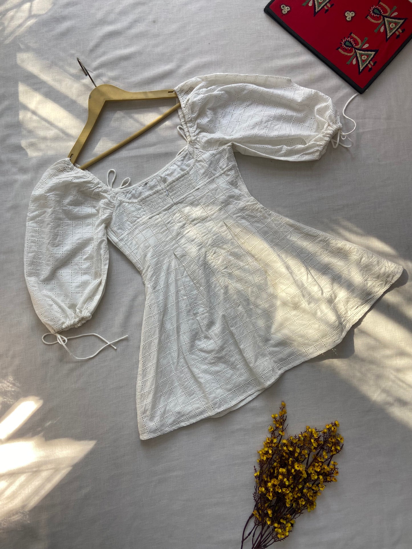 Elegant White Puff Sleeve Eyelet Dress