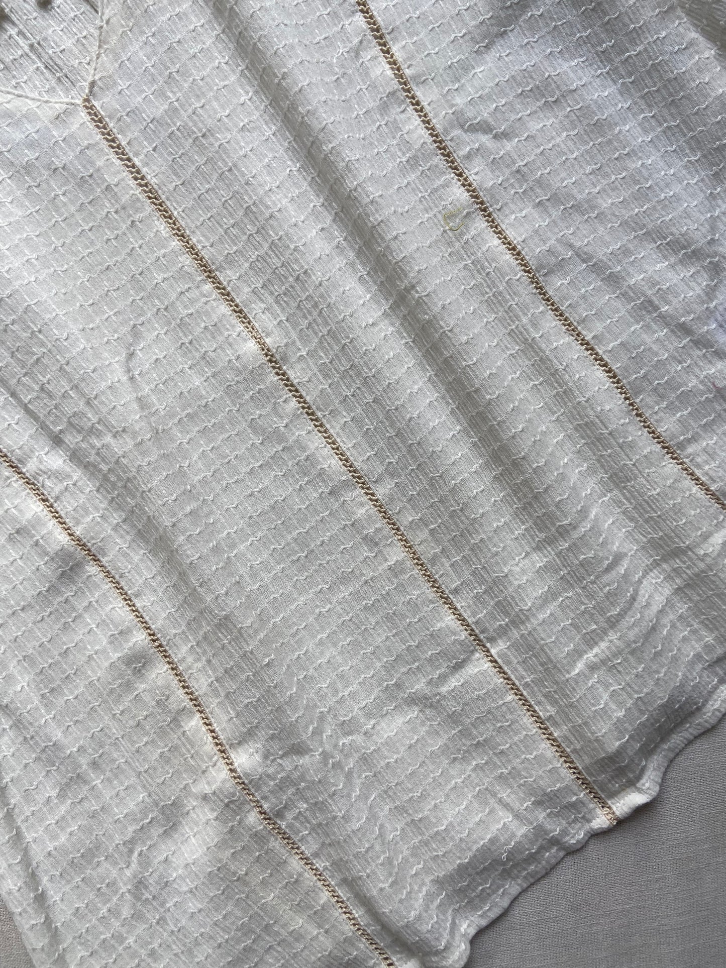 White Textured Cotton Blend Top with Pintuck Detail & Long Sleeves