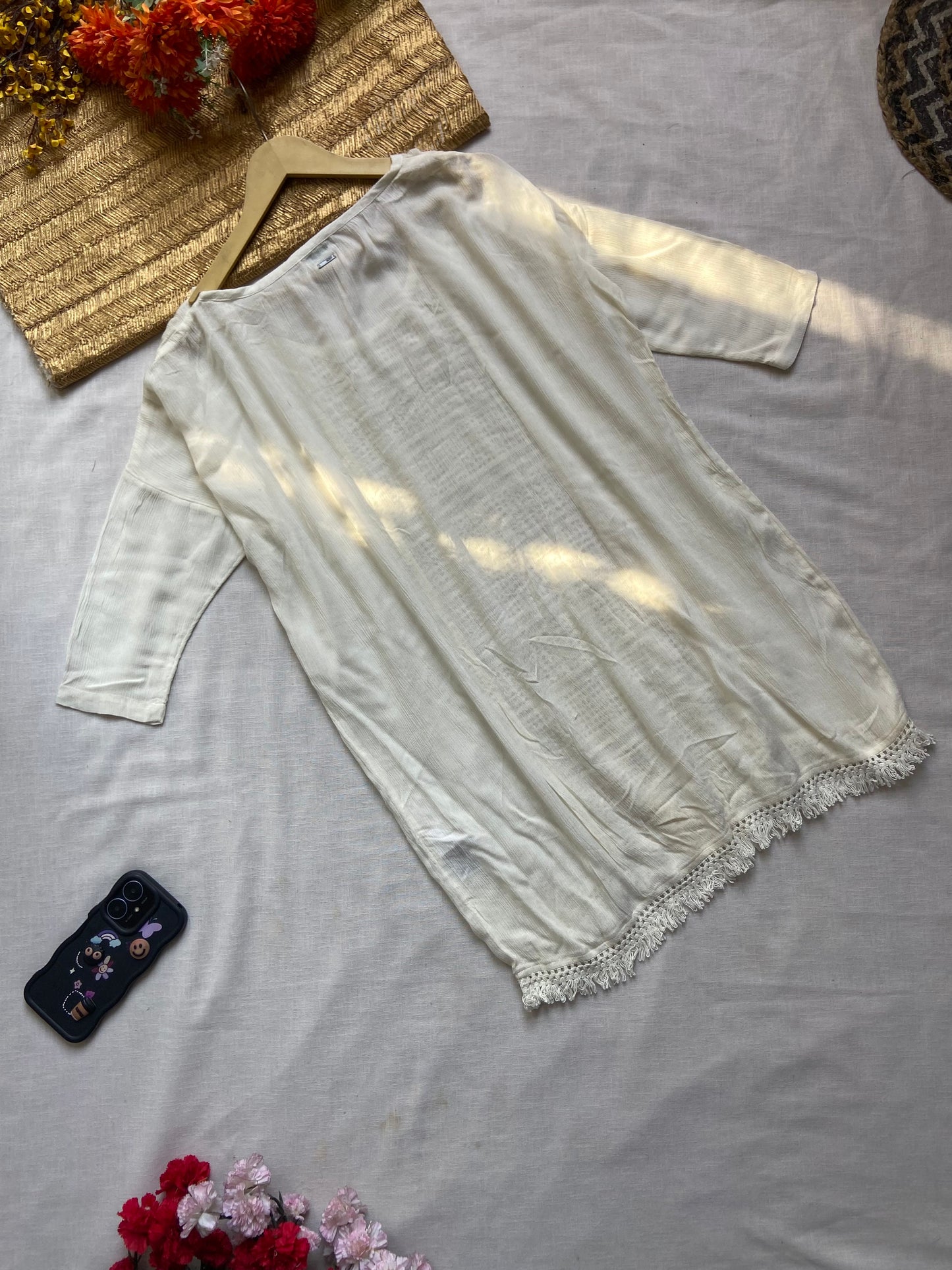 Women's Cream Crochet Panel Tunic Top