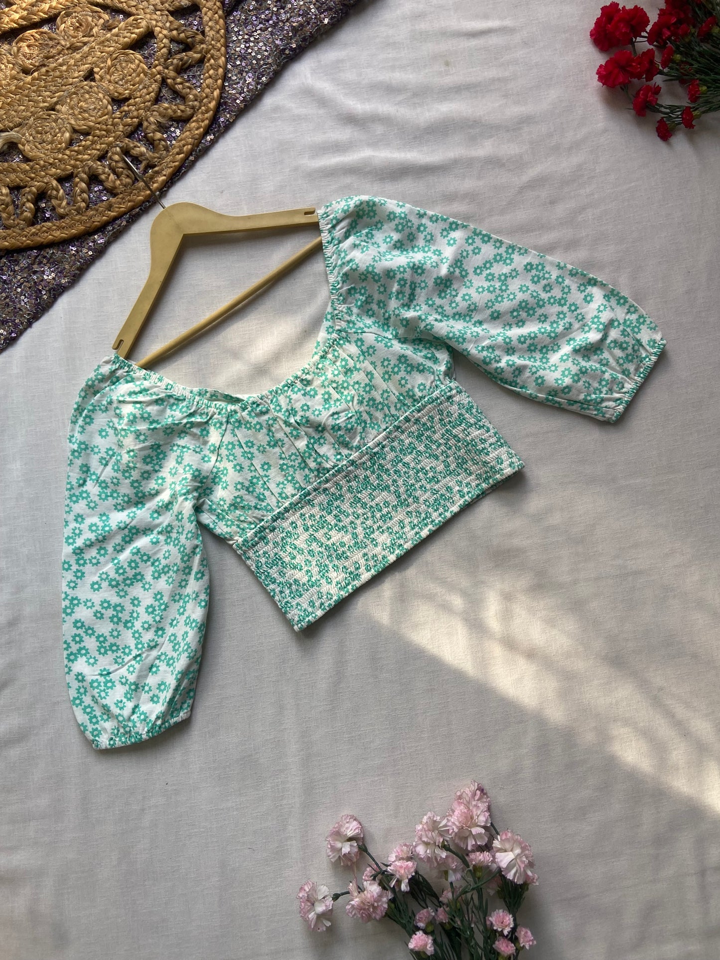Smocked Floral Crop Top with Puff Sleeves – Mint & White