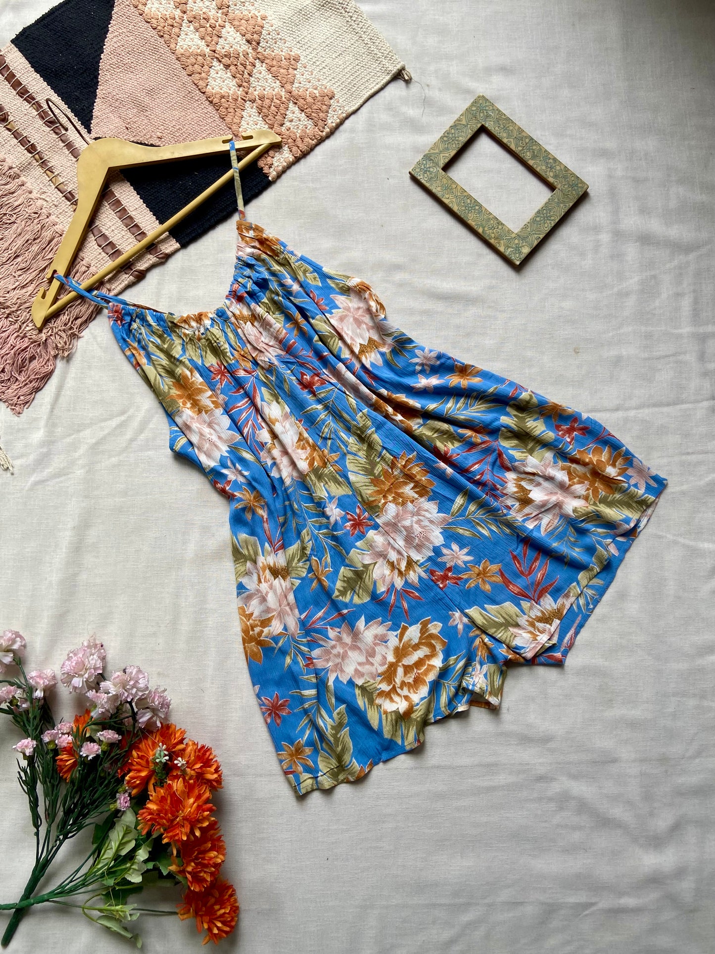 Blue Floral Spaghetti Strap Summer Dress