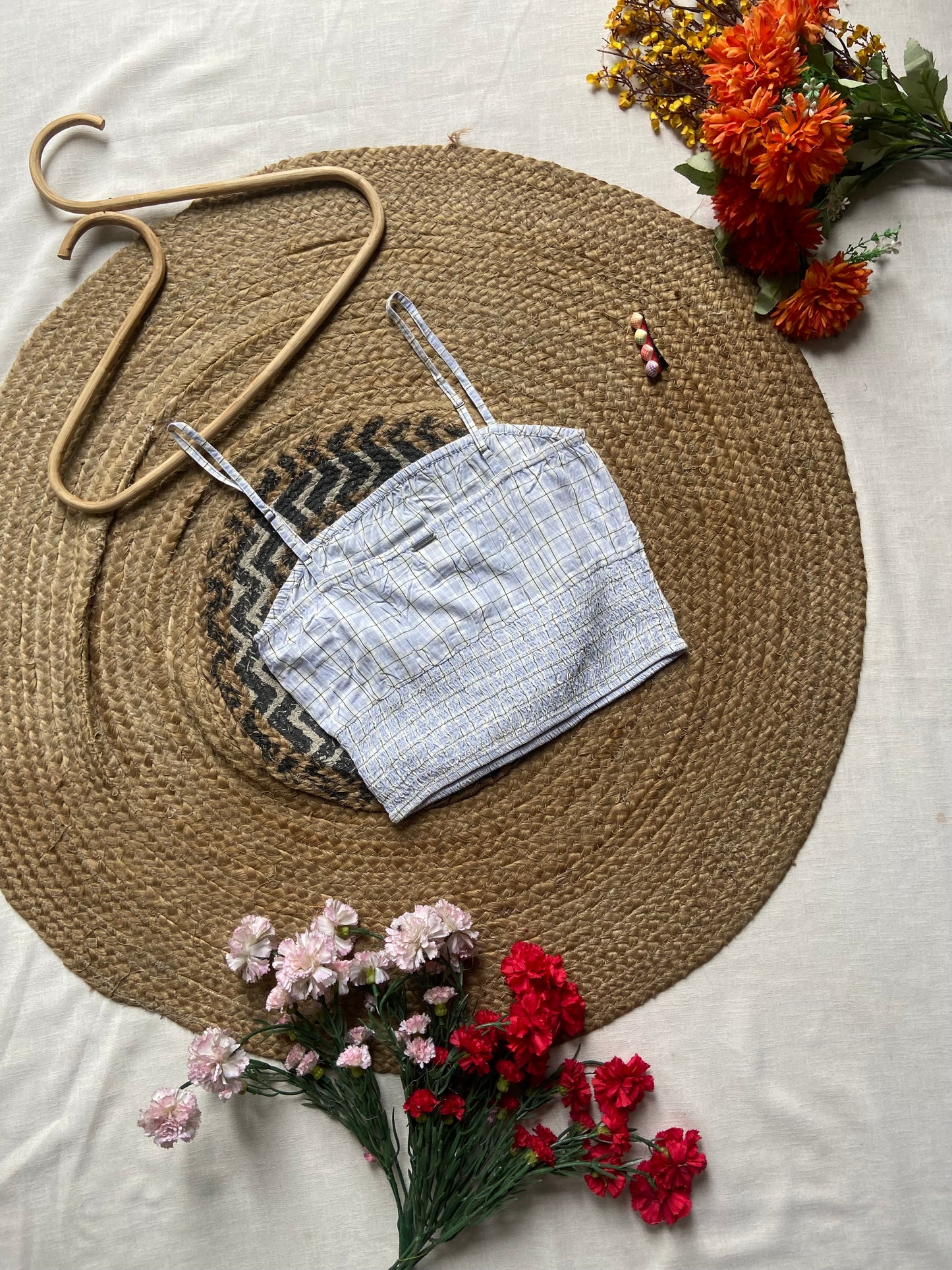 Women's Blue Checkered Spaghetti Strap Crop Top