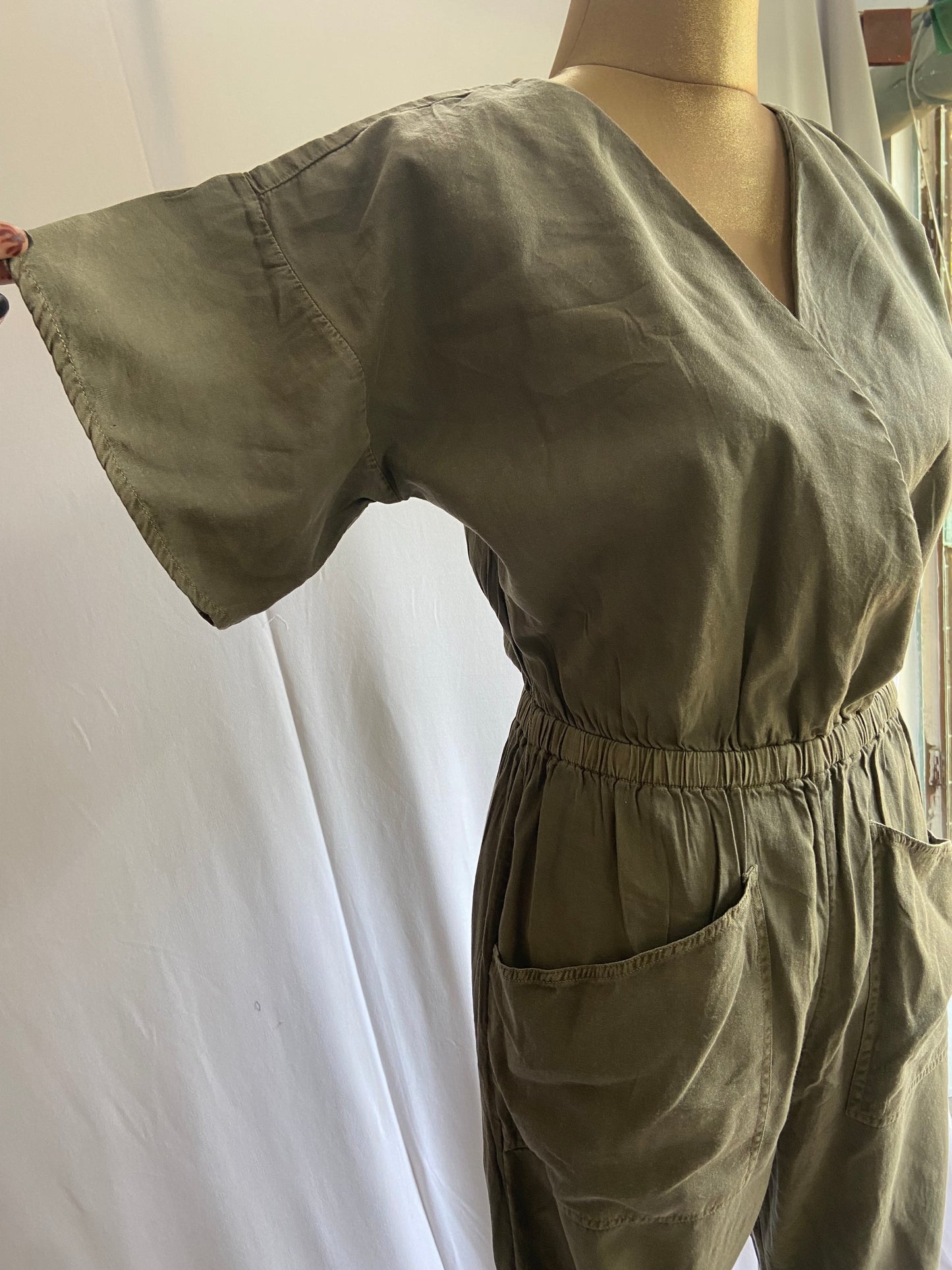Olive Green Utility Jumpsuit with Elastic Waist and Front Pockets