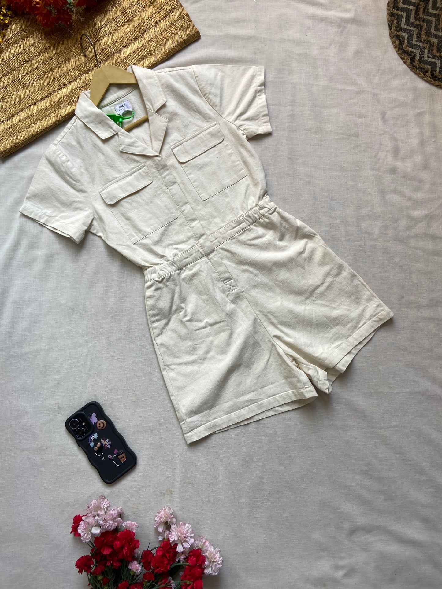 Women's Beige Utility Short Jumpsuit with Front Pockets