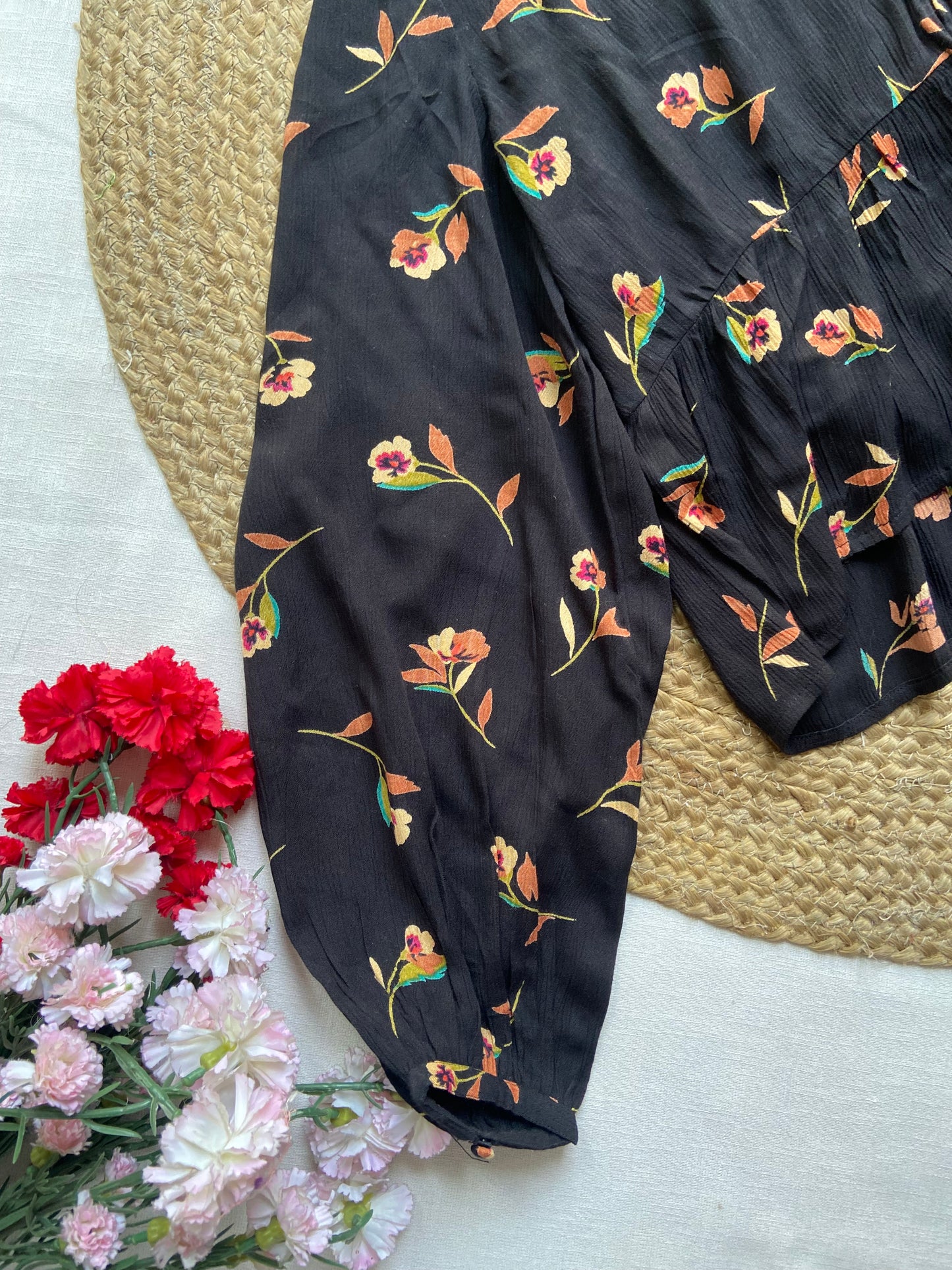 Women's Black Floral Printed Peasant Top – Long Sleeve Boho Blouse