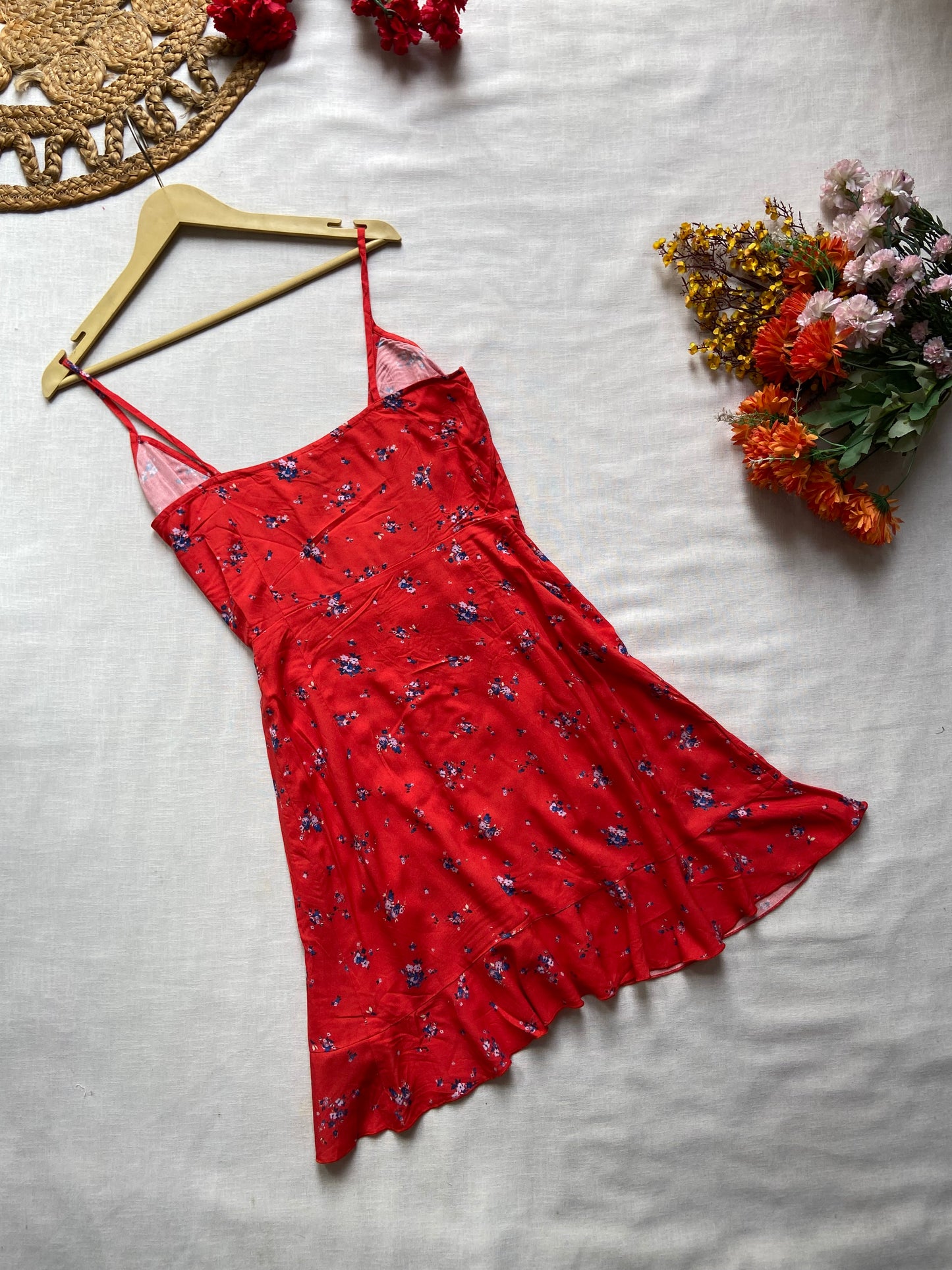 Women's Red Floral Spaghetti Strap Summer Dress