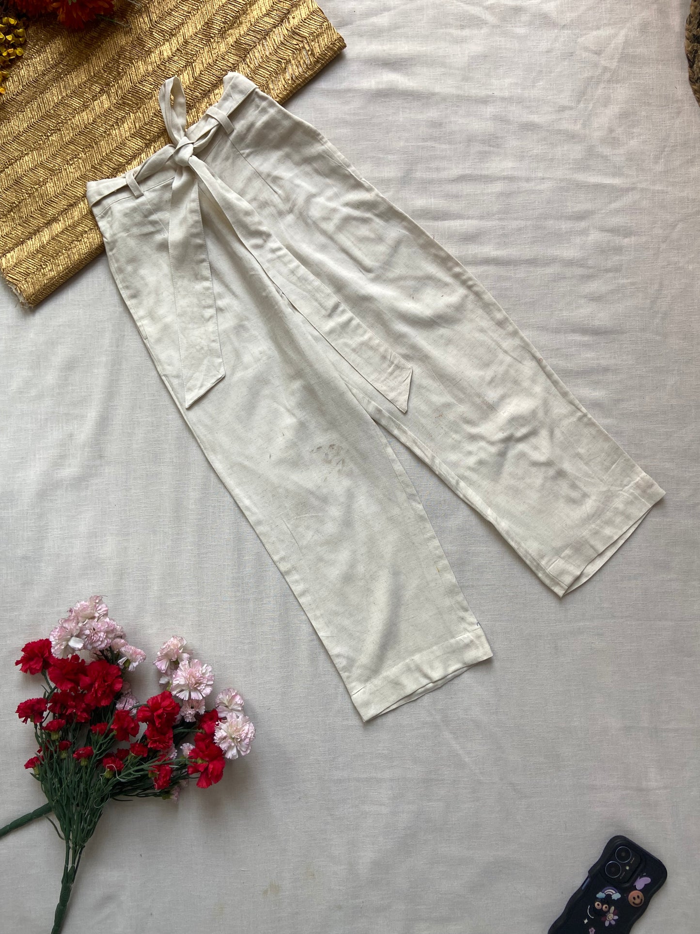 High-Waisted White Linen Pants with Belt