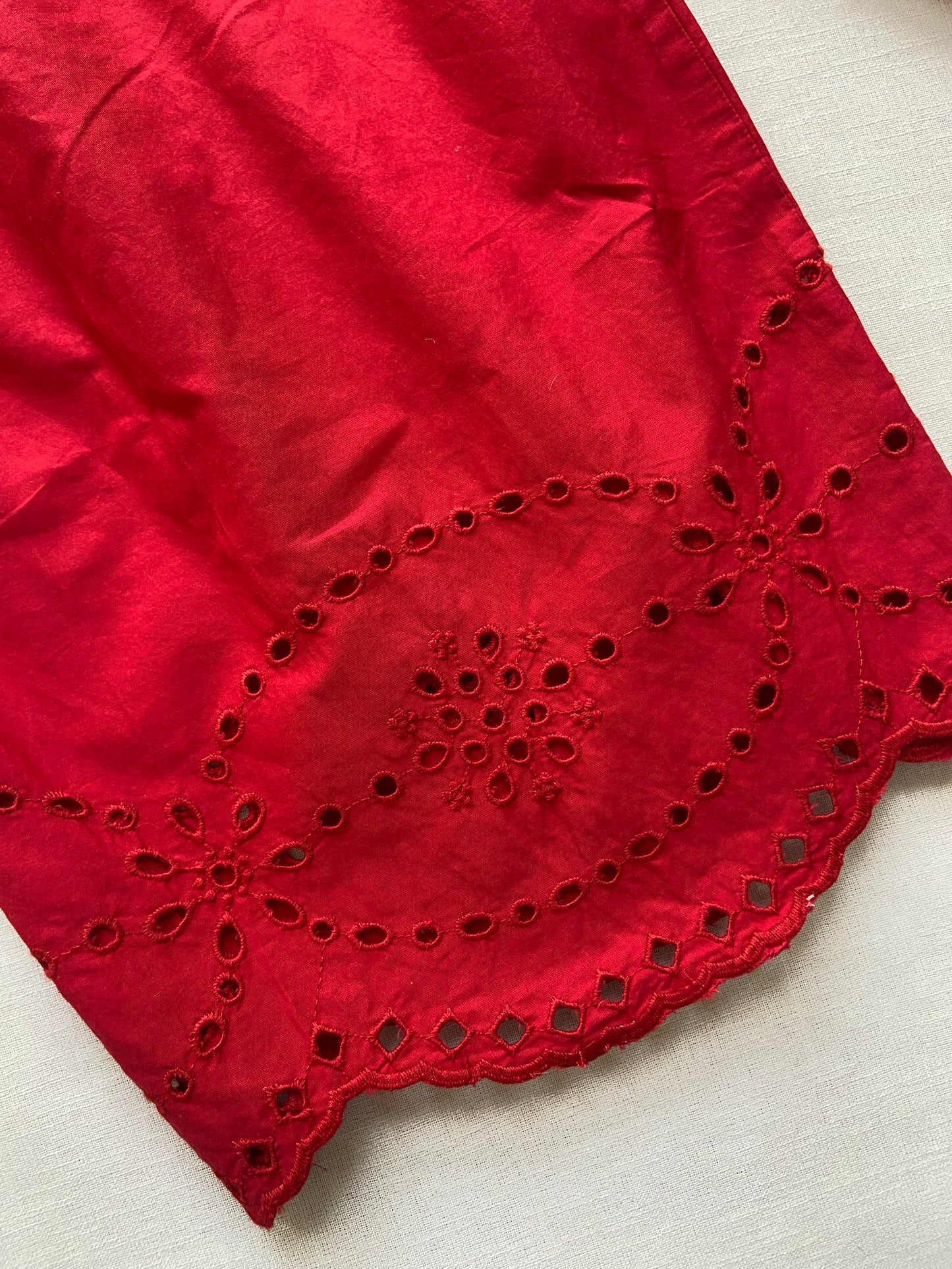 Women's Red Cotton Culottes with Embroidered Hem Detailing