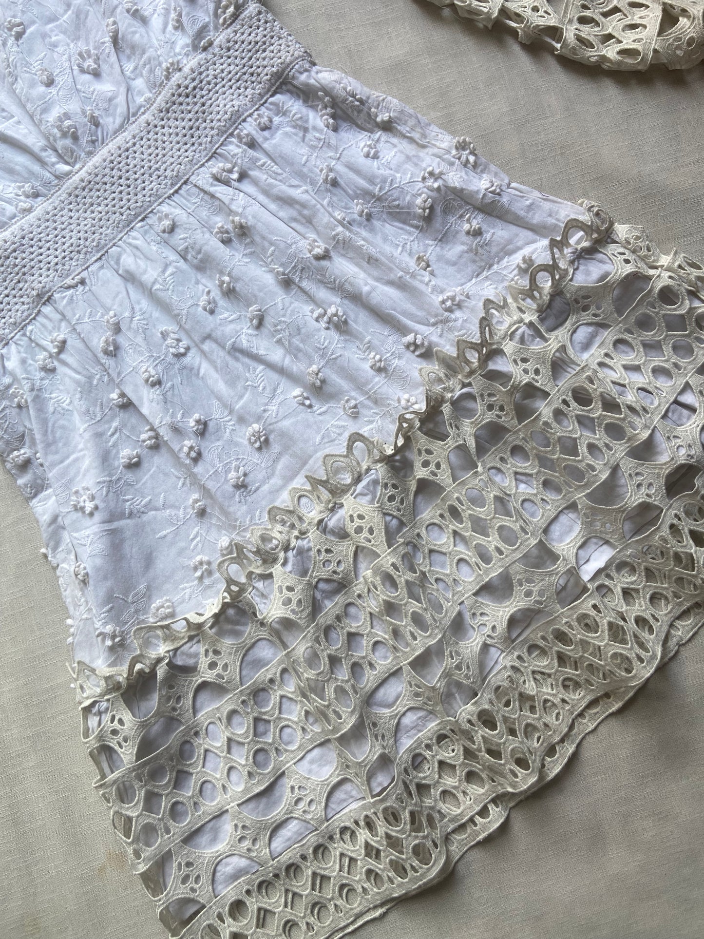 White Embroidered Boho Mini Dress with Crochet Lace Sleeves