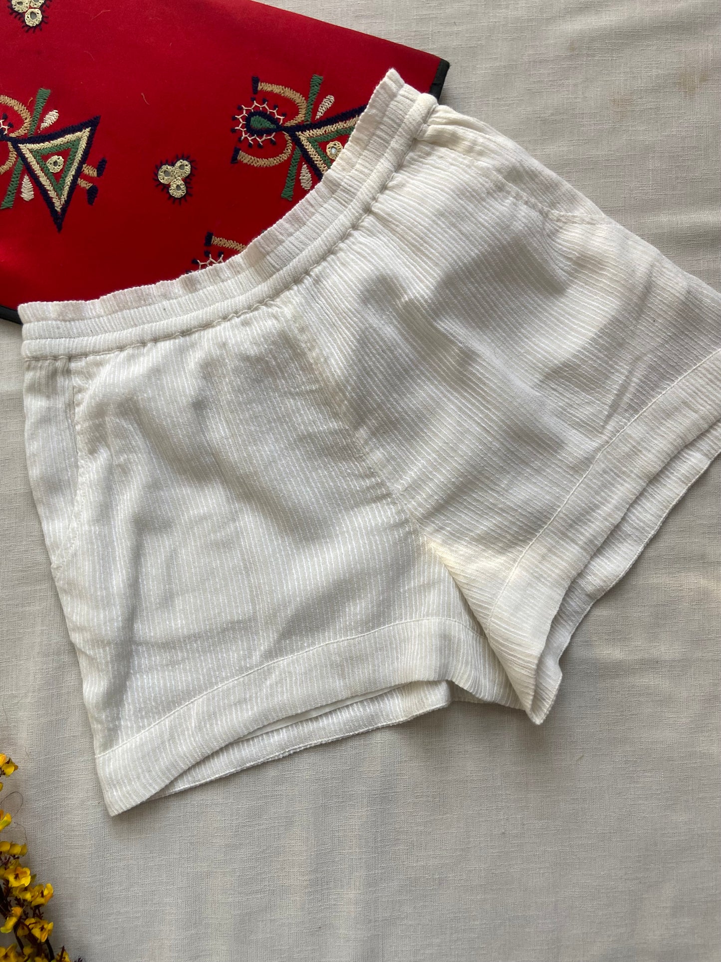 Women's White Ribbed Lounge Shorts with Elastic Waistband