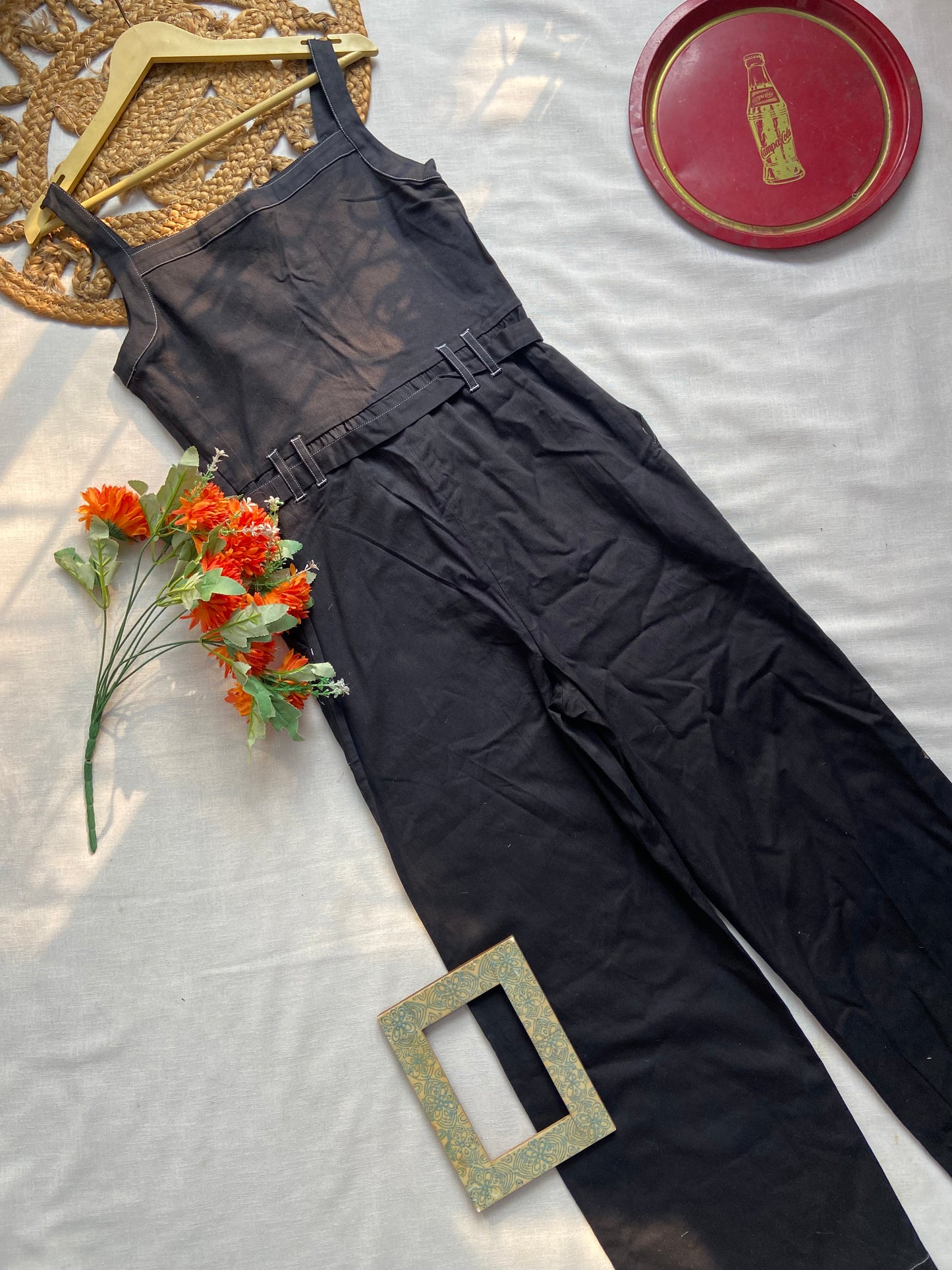 Women’s Black Sleeveless Jumpsuit with Belt & Button Front