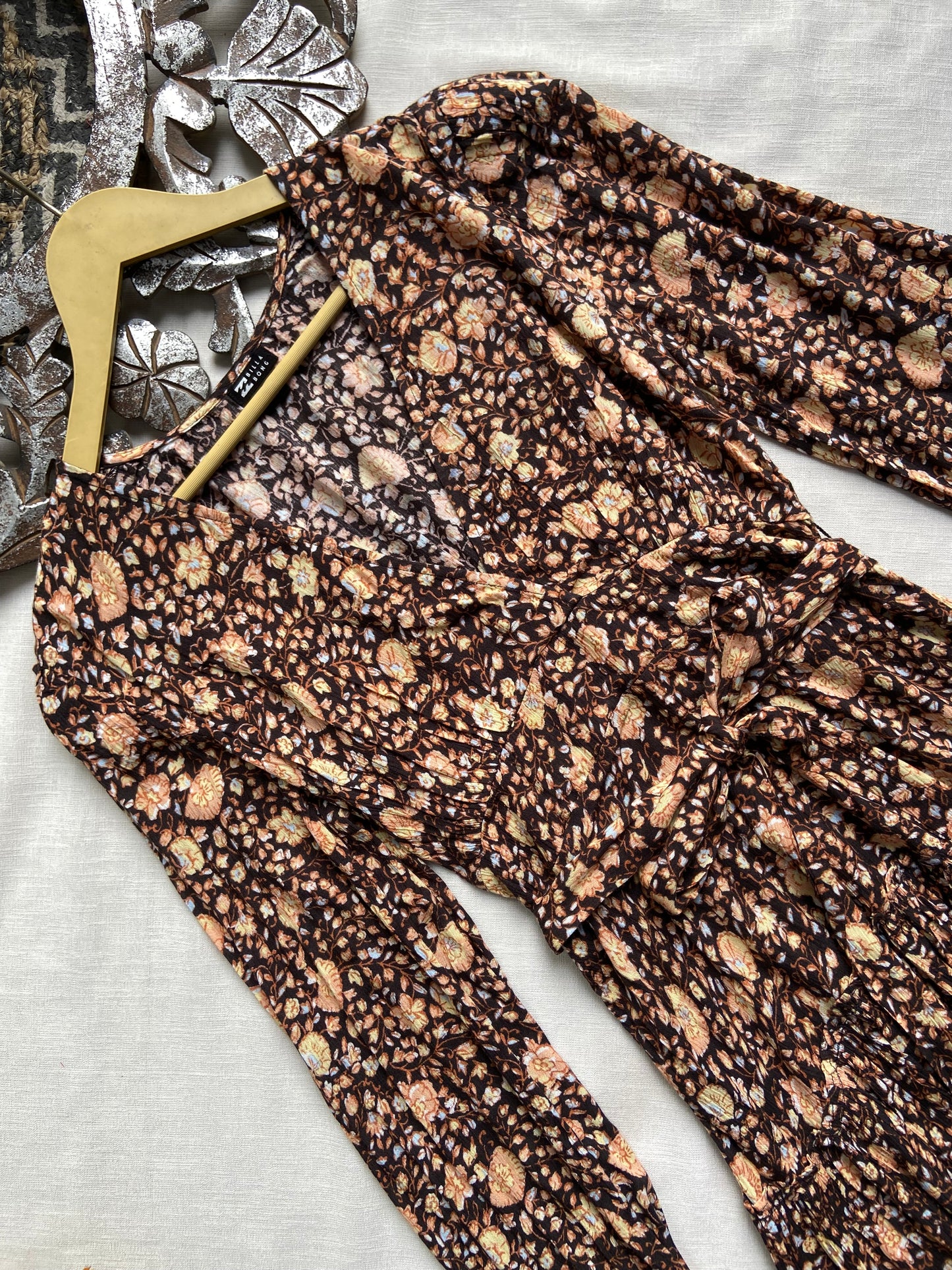 Brown floral wrap mini dress