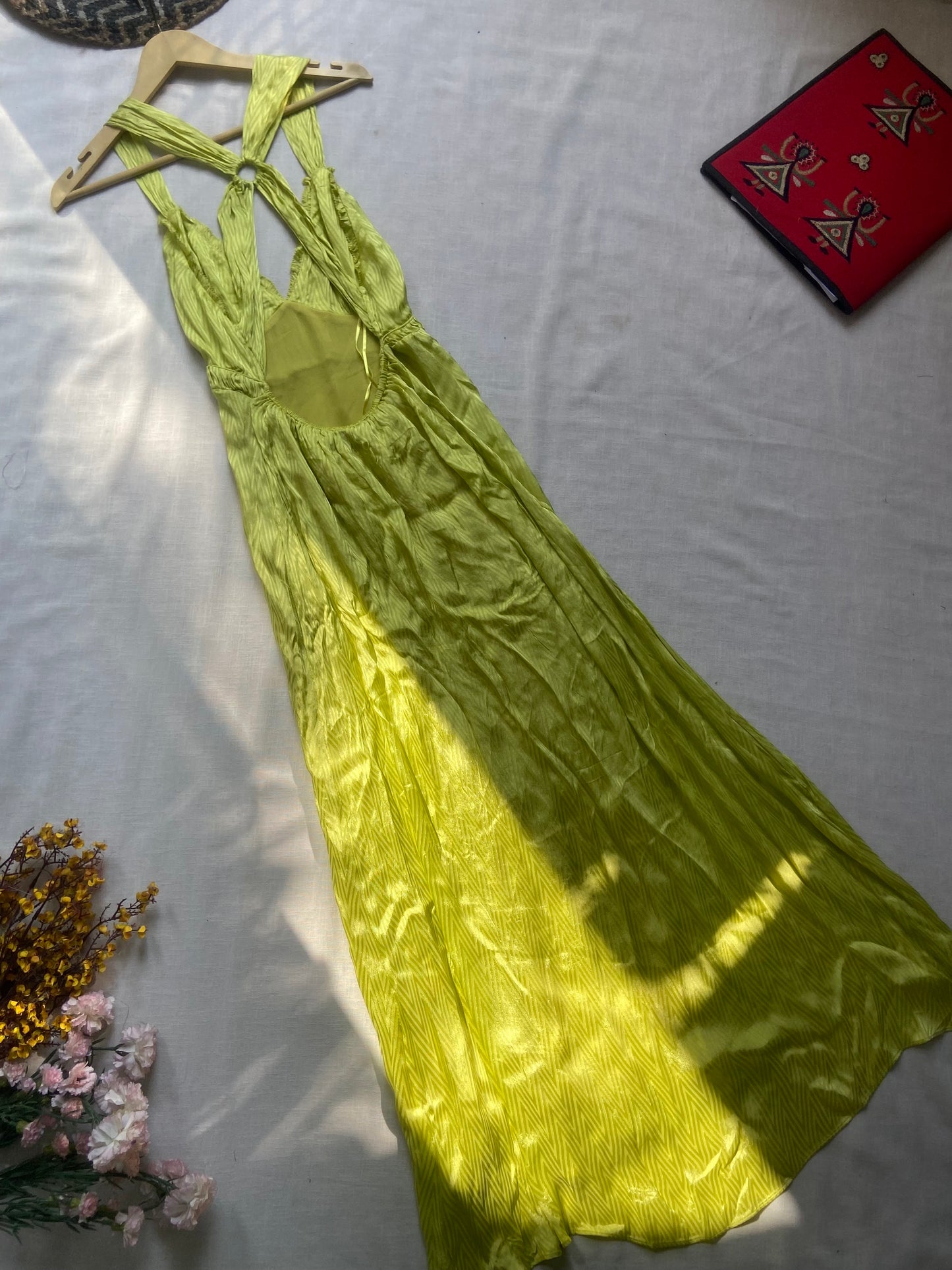 Lime Green Satin Backless Maxi Dress