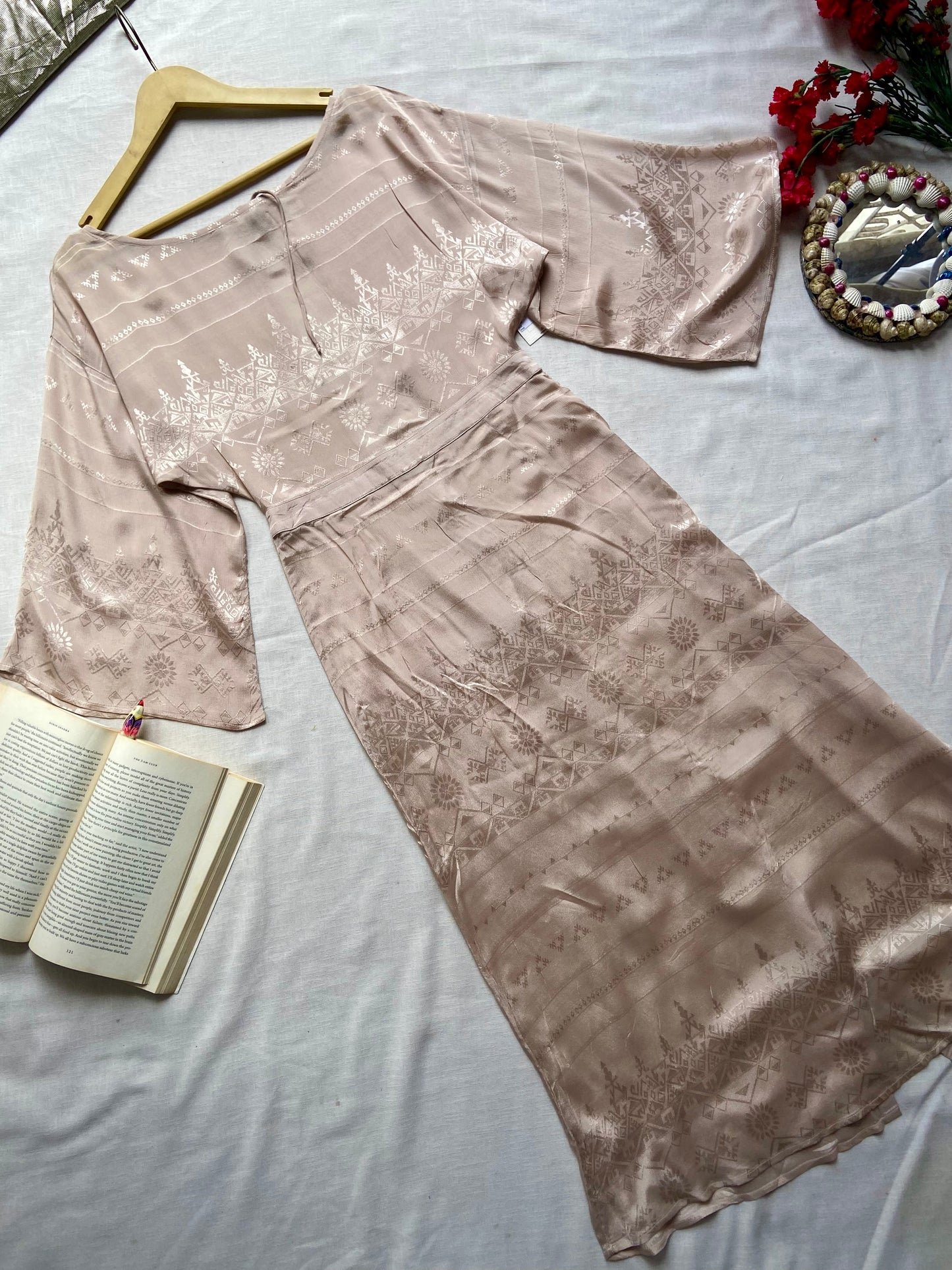 Elegant Beige Embroidered Satin Midi Dress with Flared Sleeves