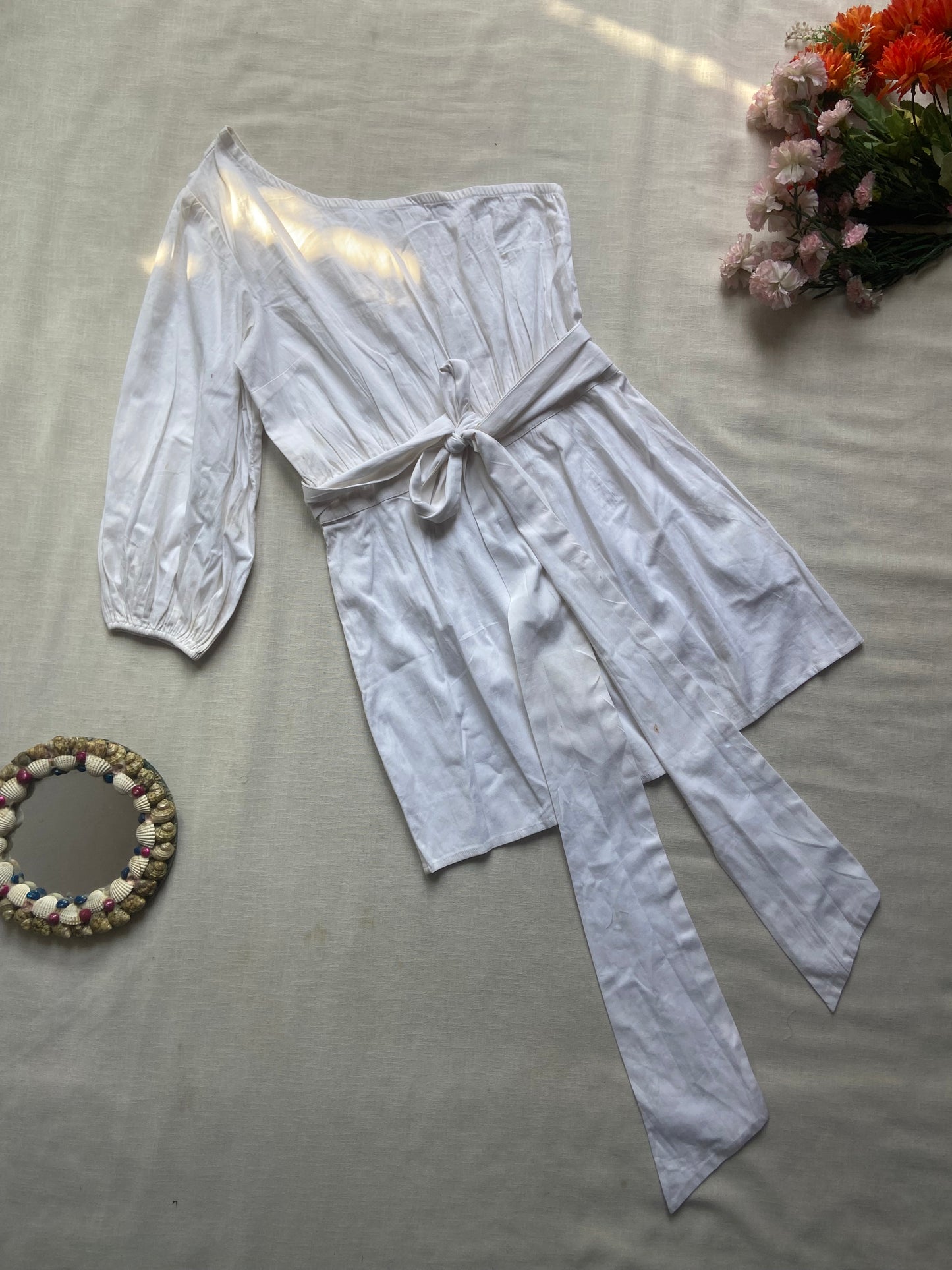 White One-Shoulder Belted Tunic Top