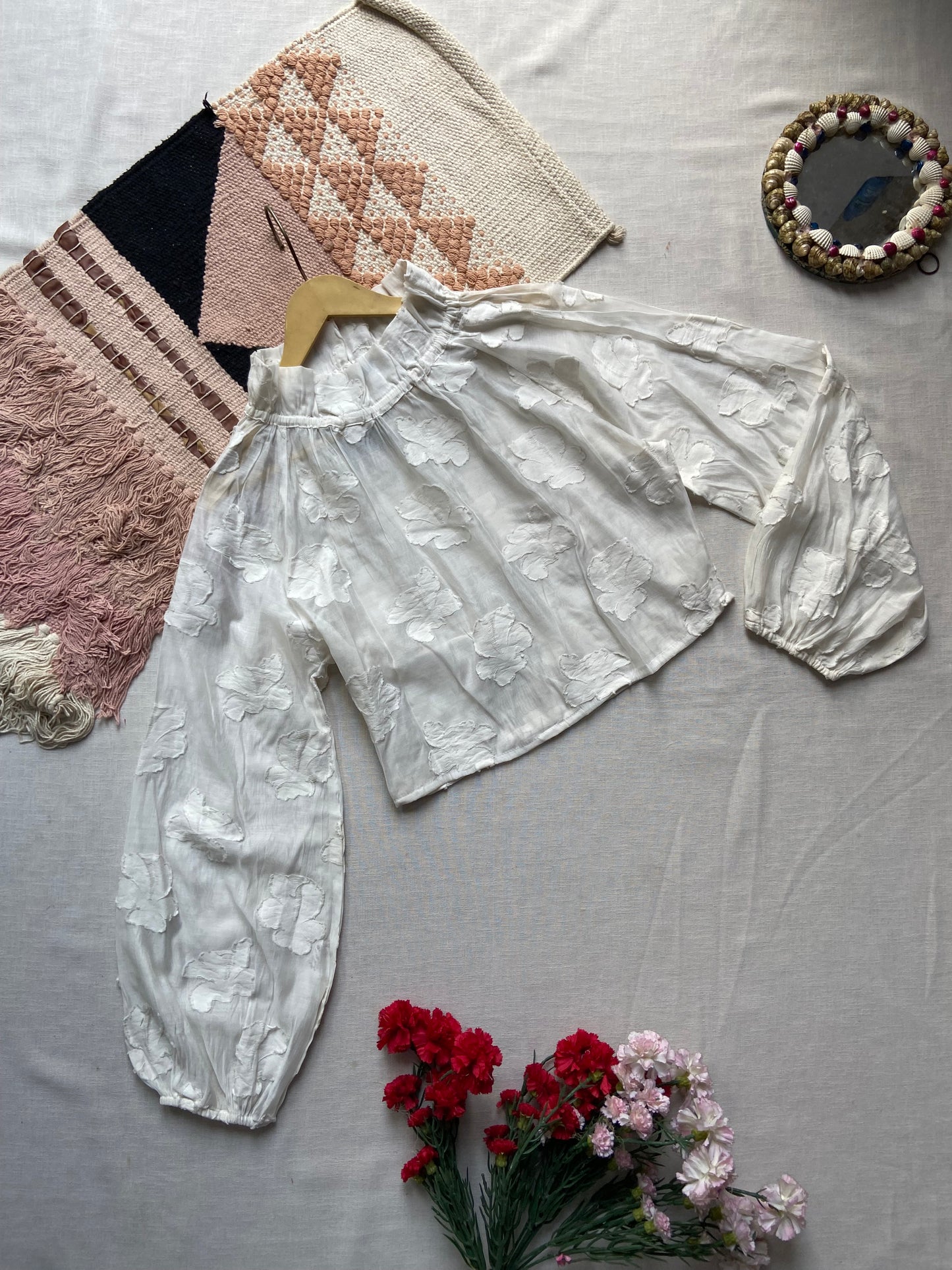 White Textured Floral Sheer Balloon Sleeve Top