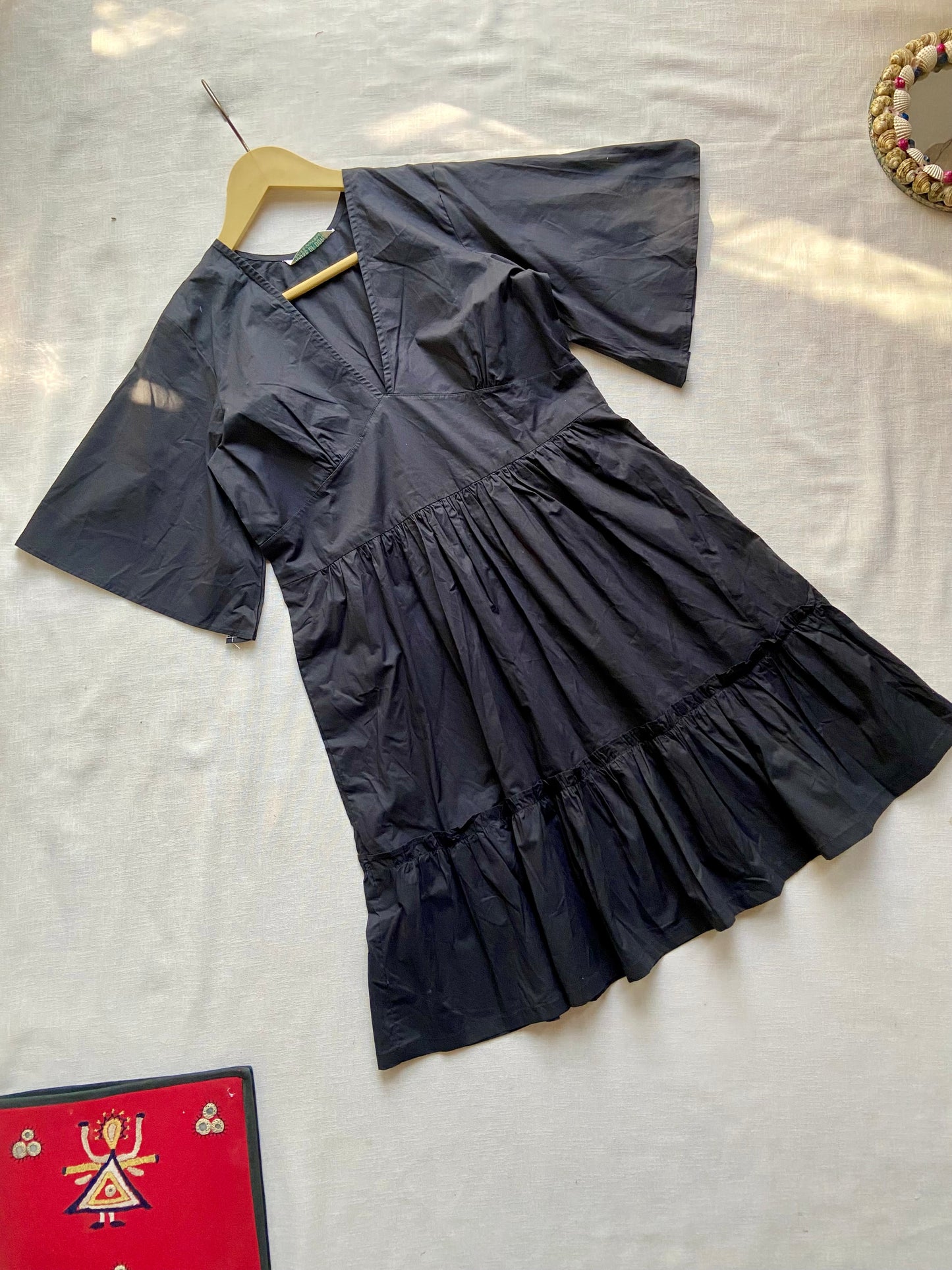 Black V-Neck Flared Midi Dress with Bell Sleeves