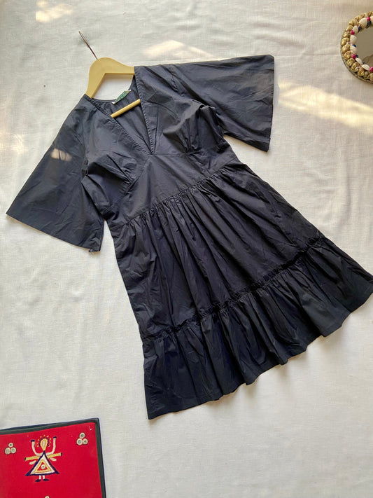 Black V-Neck Flared Midi Dress with Bell Sleeves