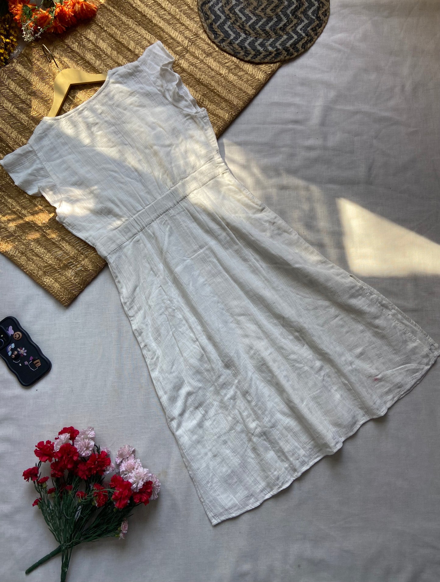 White Button-Down Linen Midi Dress