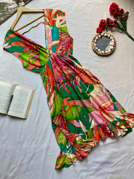 Tropical Print Ruffle Hem Wrap Dress
