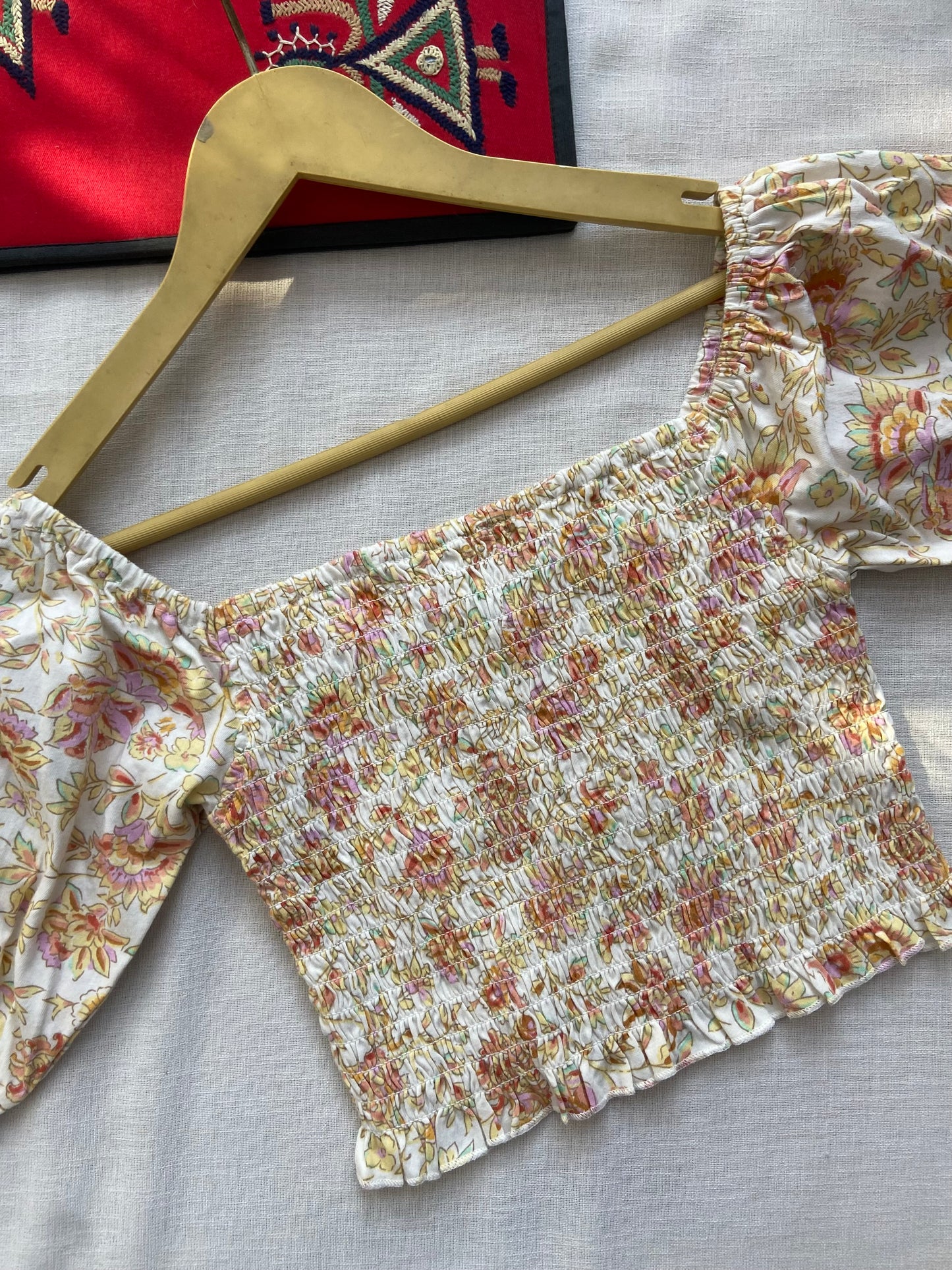 Floral Smocked Crop Top with Puff Sleeves