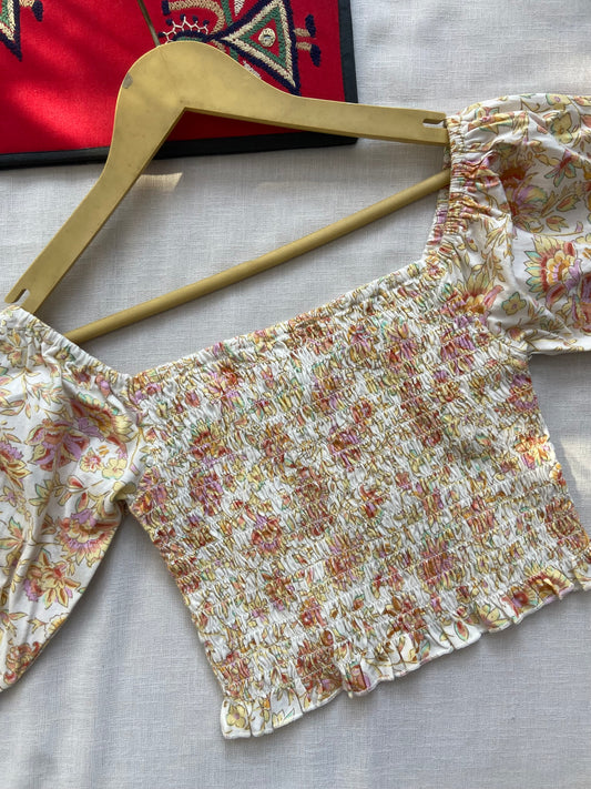 Floral Smocked Crop Top with Puff Sleeves