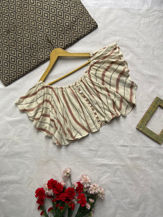 Women's Striped Off-Shoulder Crop Top with Button Detail – Boho Summer Top