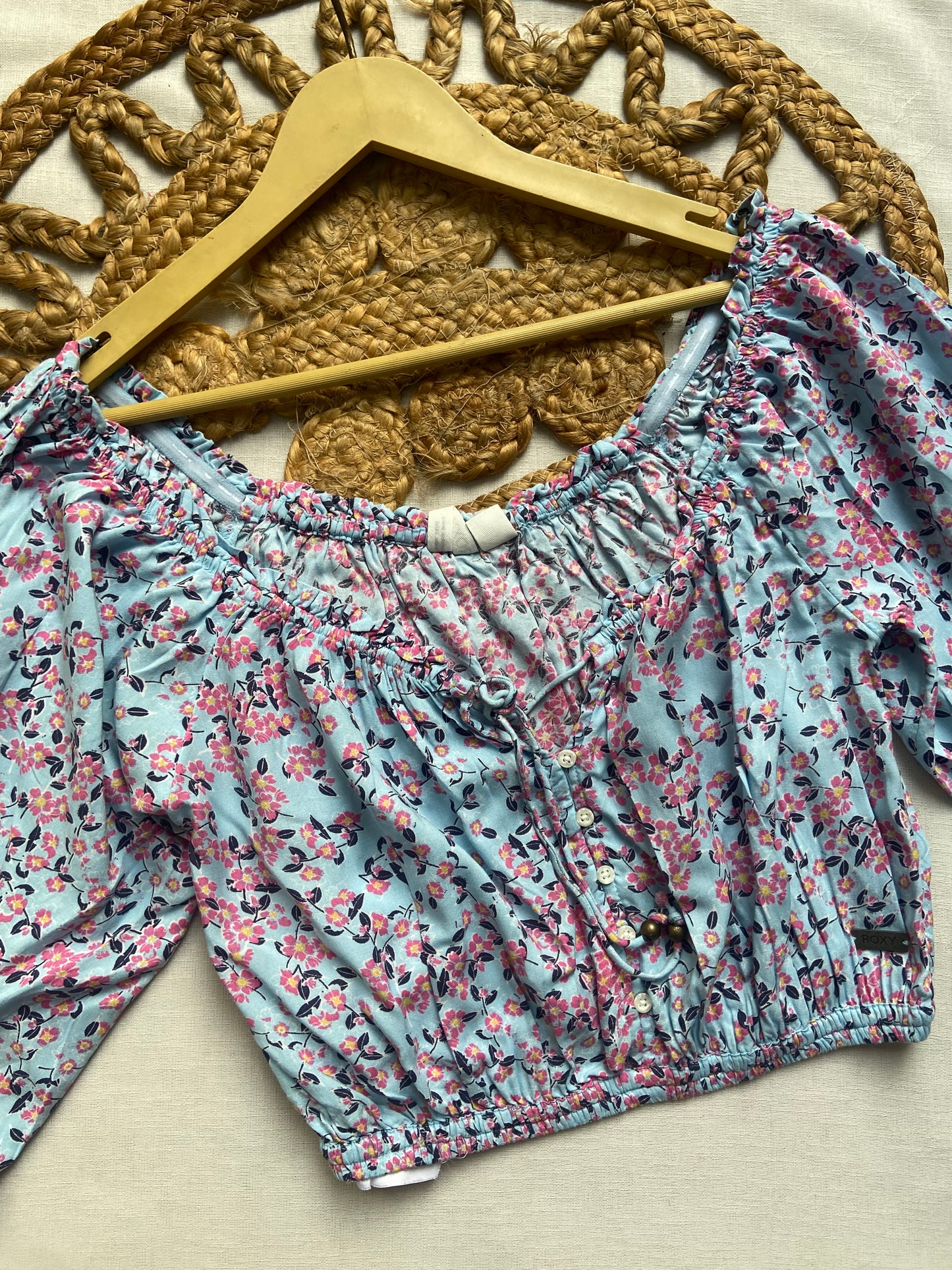 Light Blue Floral Crop Top with Puff Sleeves for Women