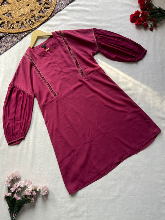 Elegant Burgundy Long Sleeve Tunic Dress with Lace Detail