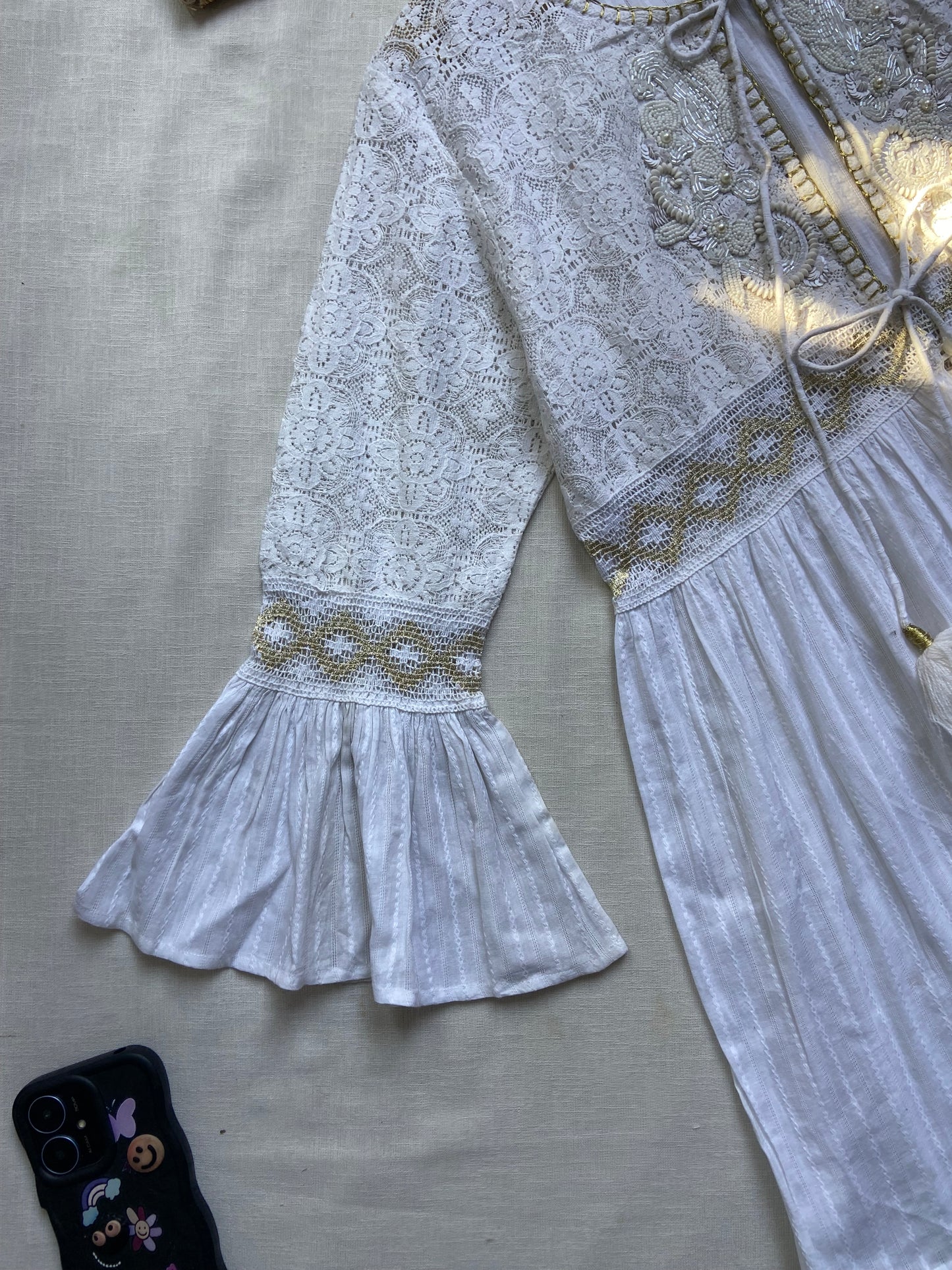 Elegant White Embroidered Boho Tunic with Tassels