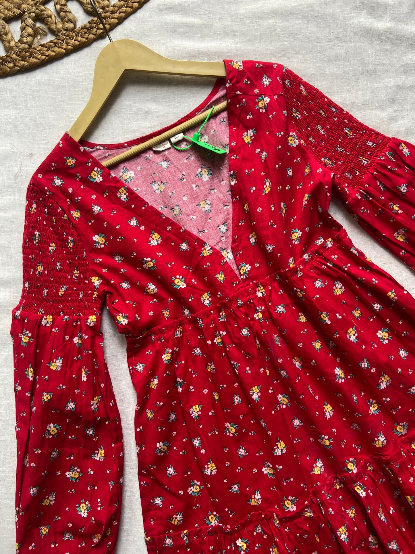 Red Floral V Neck Tiered Midi Dress