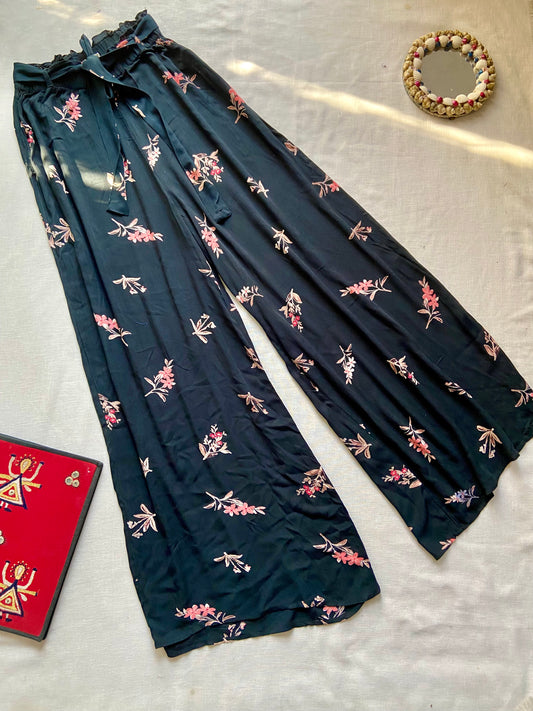 Floral Printed Black Wide-Leg Palazzo Pants